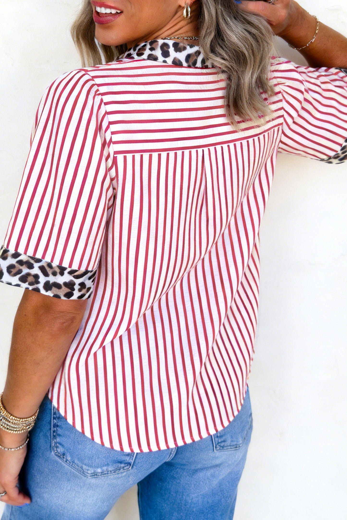 Red Stripe Leopard Contrast Trim Half Button Blouse-Tops/Blouses & Shirts-[Adult]-[Female]-2022 Online Blue Zone Planet