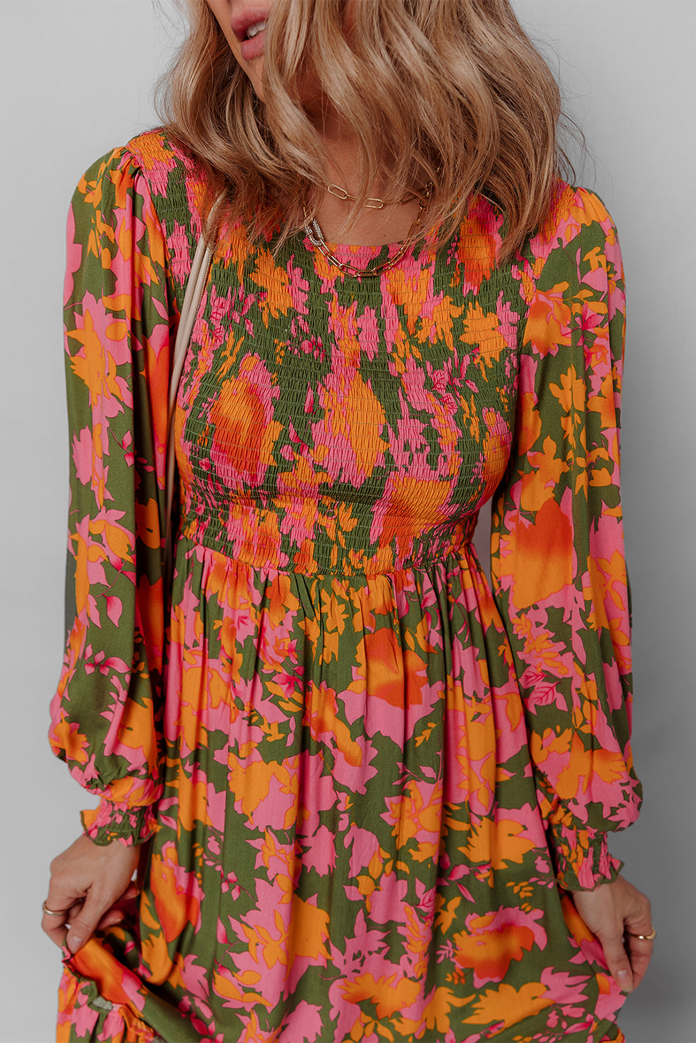 Orange Floral Puff Sleeve Smocked Bodice Ruffled Long Dress-TOPS / DRESSES-[Adult]-[Female]-2022 Online Blue Zone Planet