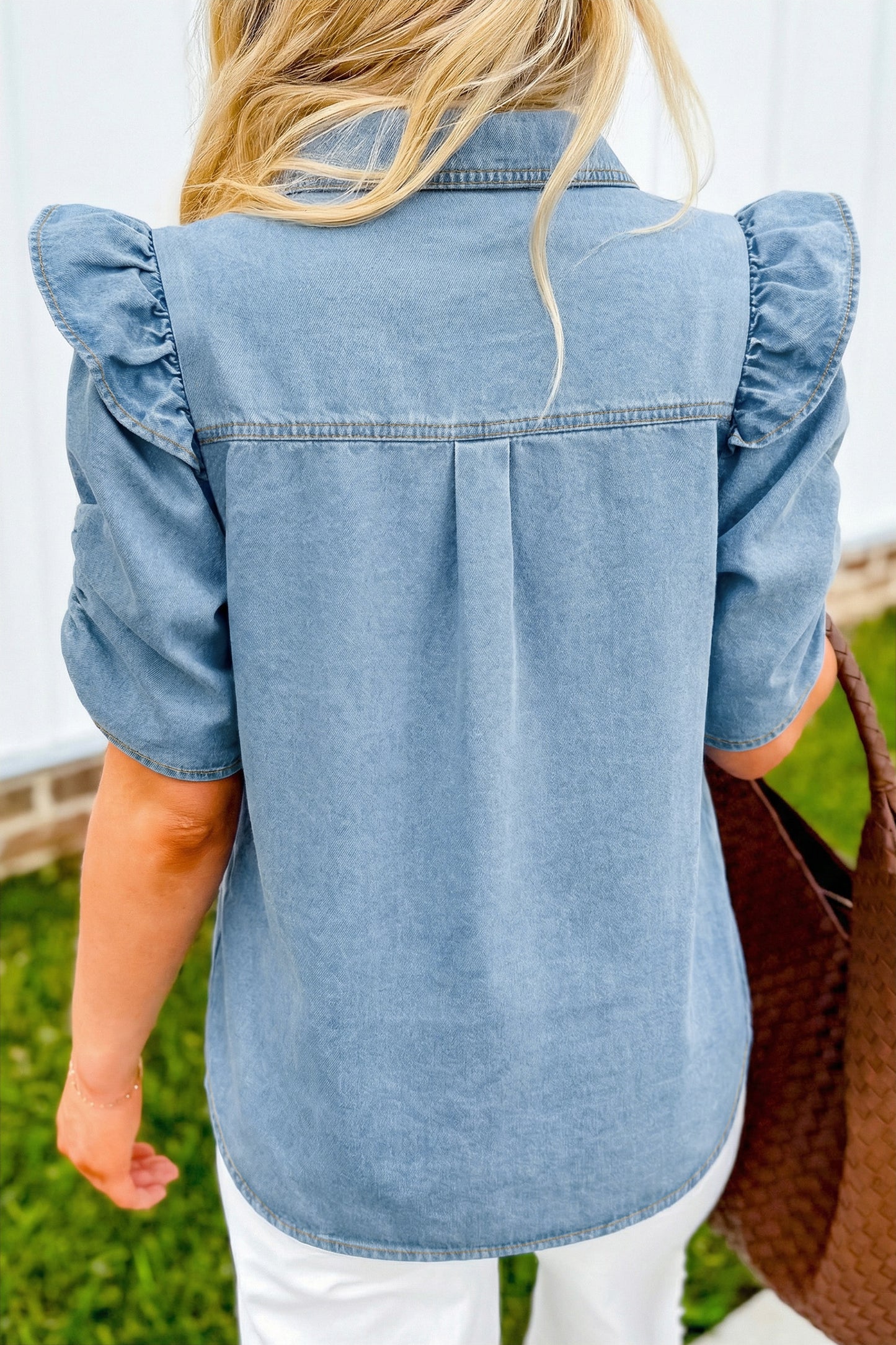 Myosotis Ruffle Detail Short Puff Sleeve Button Down Flap Pocket Denim Shirt-Tops/Blouses & Shirts-[Adult]-[Female]-2022 Online Blue Zone Planet