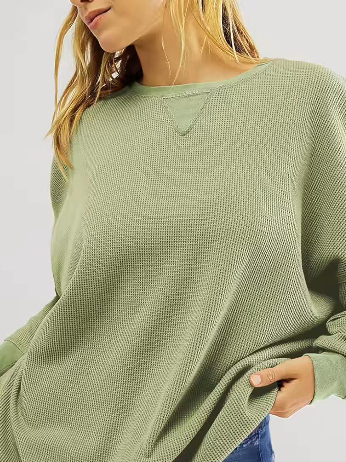 Waffle Knit Round Neck Long Sleeve T-Shirt-TOPS / DRESSES-[Adult]-[Female]-Sage-S-2022 Online Blue Zone Planet