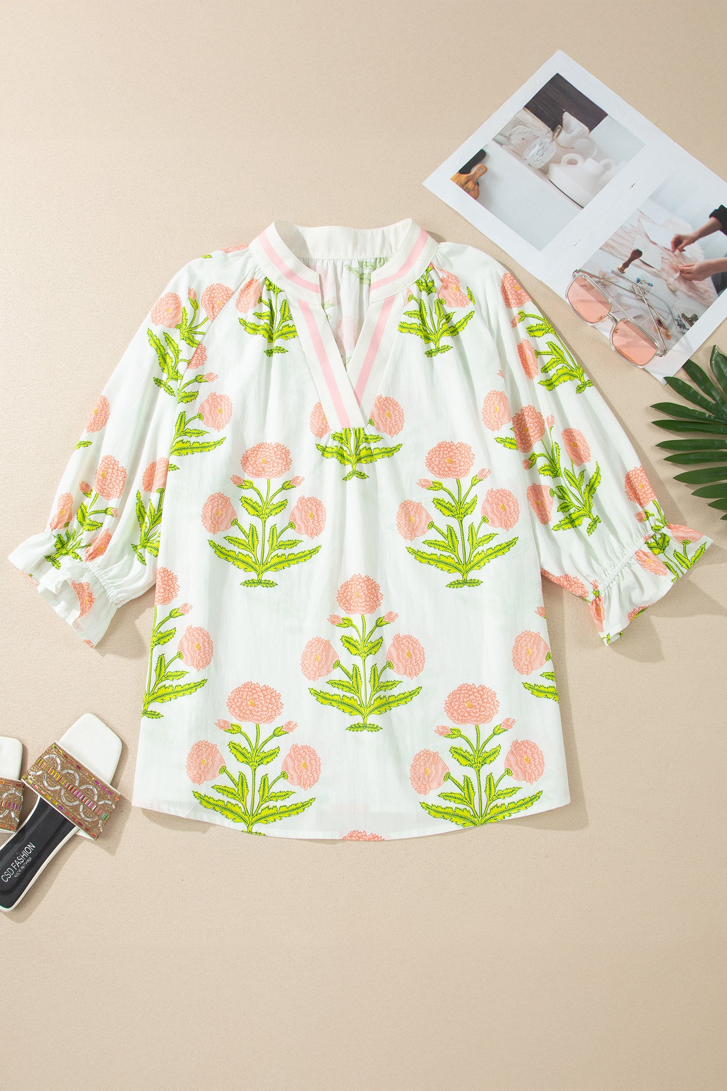 Pink Plus Size Floral Print Striped Trim V Neck Blouse-Plus Size/Plus Size Tops/Plus Size Blouses & Shirts-[Adult]-[Female]-2022 Online Blue Zone Planet
