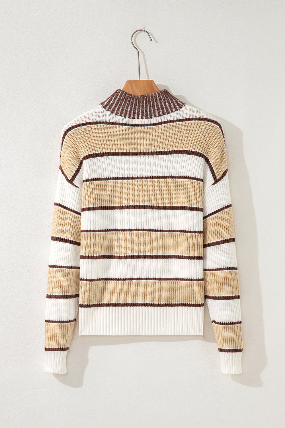 Khaki Stripe Half Zip Drop Shoulder Womens Sweater-TOPS / DRESSES-[Adult]-[Female]-2022 Online Blue Zone Planet