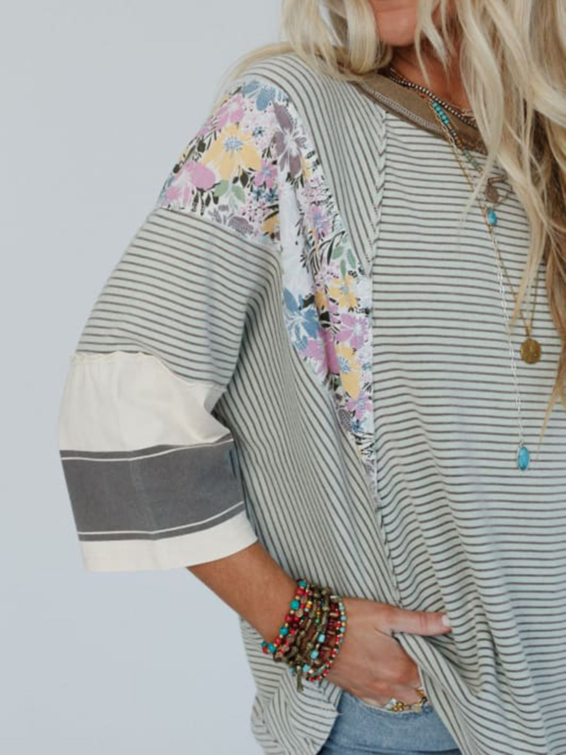 Color Block Printed Three-Quarter Sleeve Top-TOPS / DRESSES-[Adult]-[Female]-2022 Online Blue Zone Planet