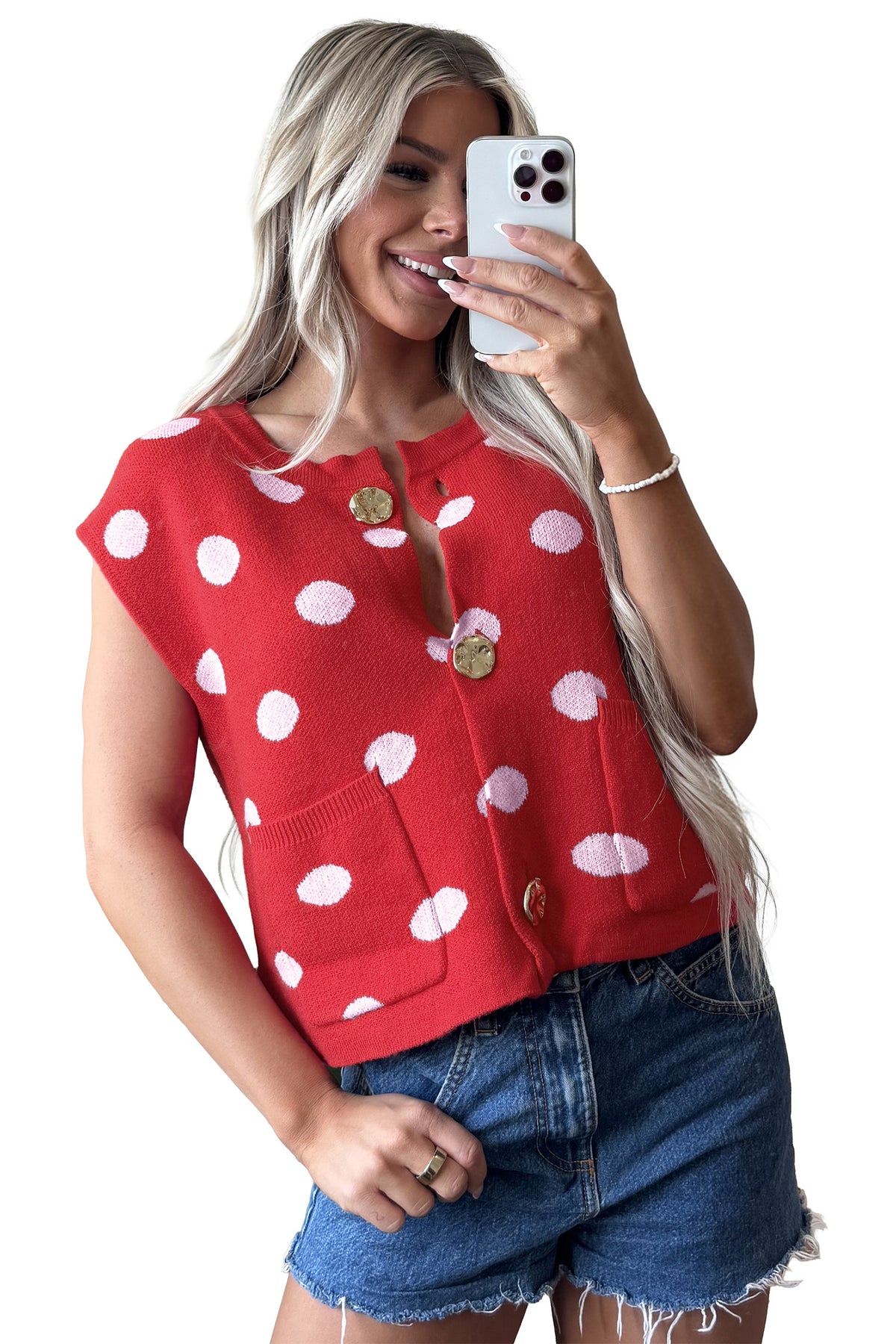Red Polka Dot Sleeveless Knit Button Drop Shoulder Sweater Vest-TOPS / DRESSES-[Adult]-[Female]-2022 Online Blue Zone Planet