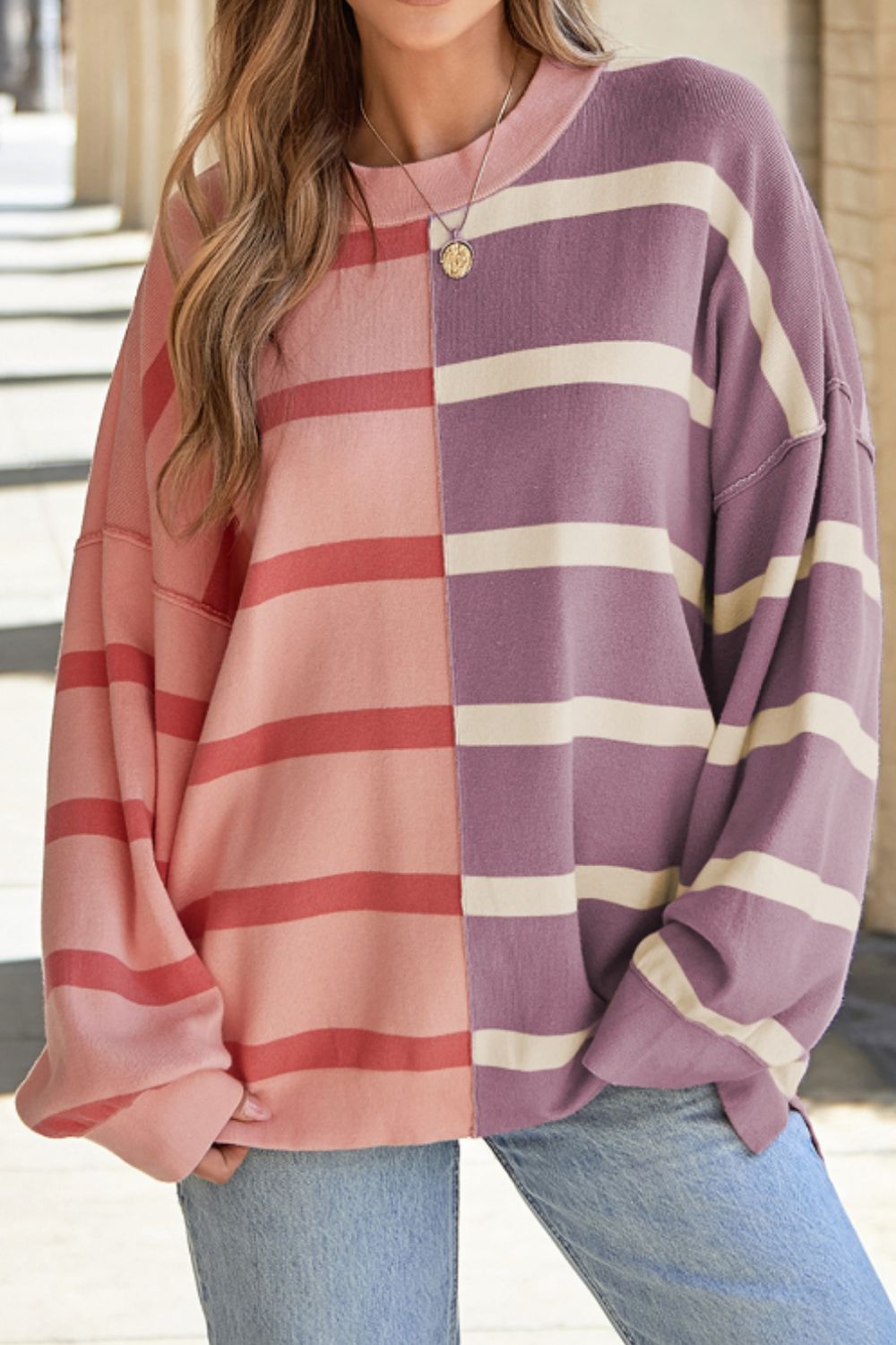 Contrast Striped Long Sleeve Sweatshirt-TOPS / DRESSES-[Adult]-[Female]-Dusty Pink-S-2022 Online Blue Zone Planet