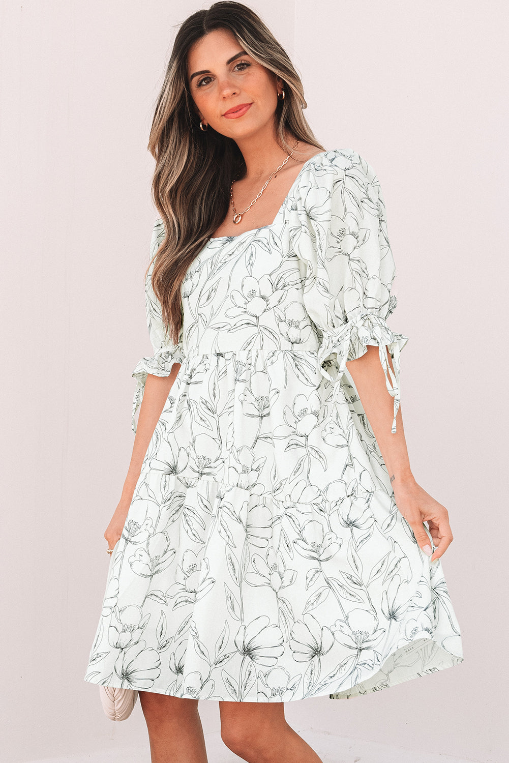 Beige Floral Print Square Neck Shirred Back Puff Sleeve Mini Dress-TOPS / DRESSES-[Adult]-[Female]-2022 Online Blue Zone Planet