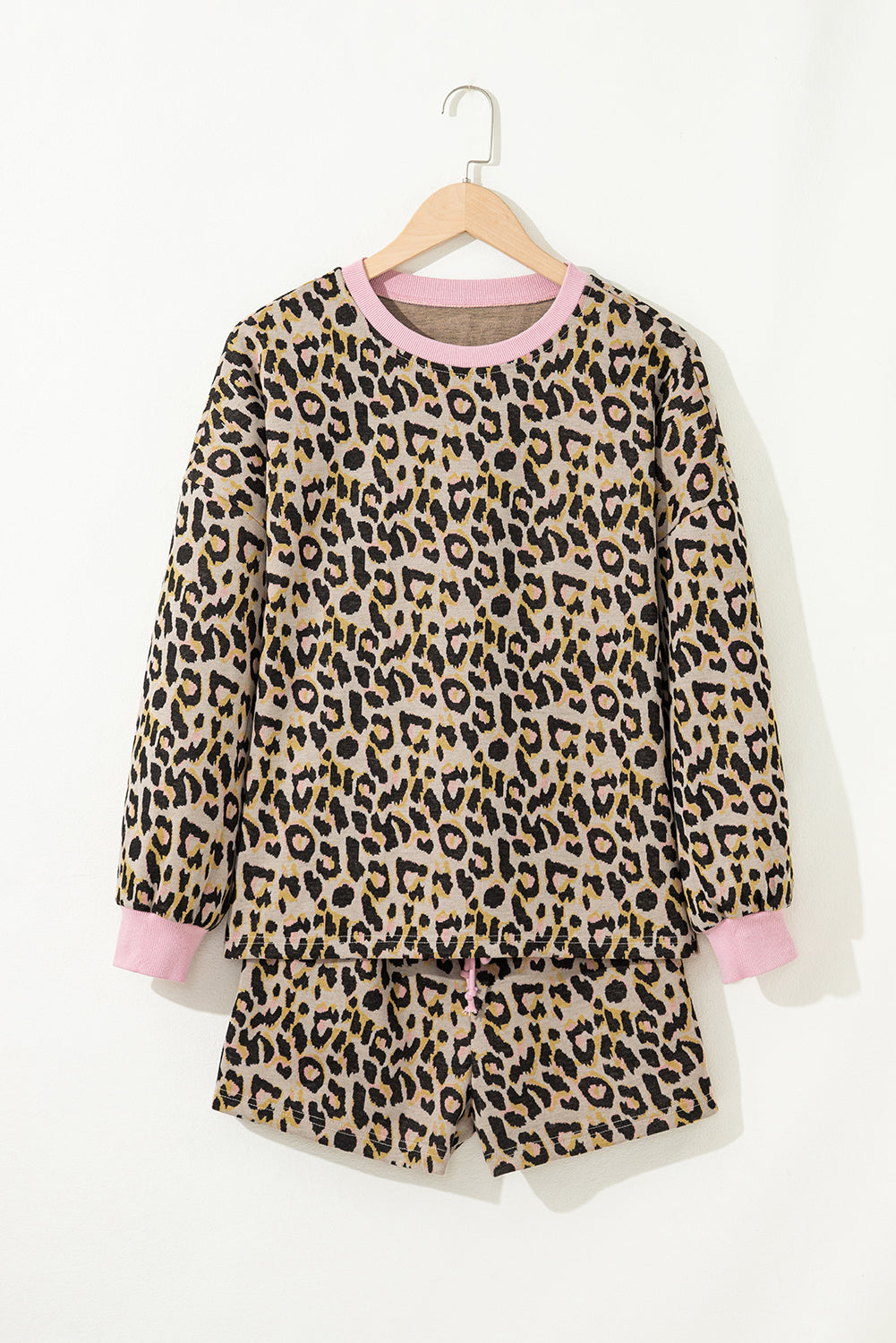 Pink Leopard Print Contrast Edge Long Sleeve Pullover Shorts Set-Two Piece Sets/Short Sets-[Adult]-[Female]-2022 Online Blue Zone Planet