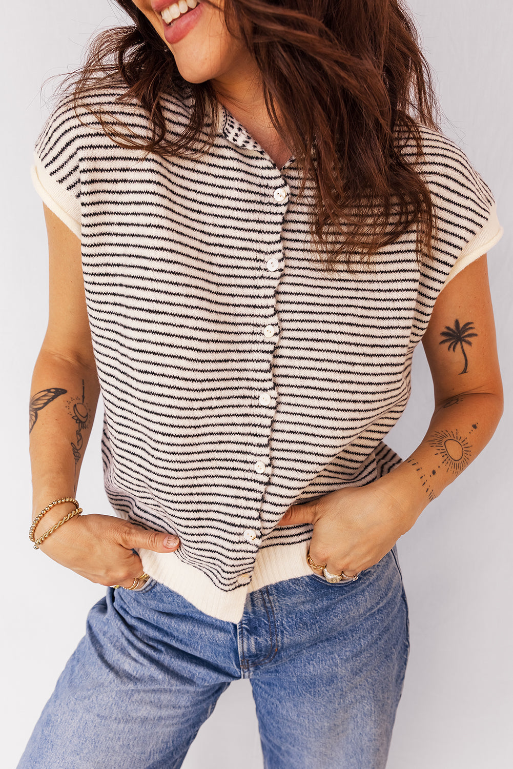 Black Stripe Contrast Trim Cap Sleeve Button Down Casual Cardigan-TOPS / DRESSES-[Adult]-[Female]-2022 Online Blue Zone Planet