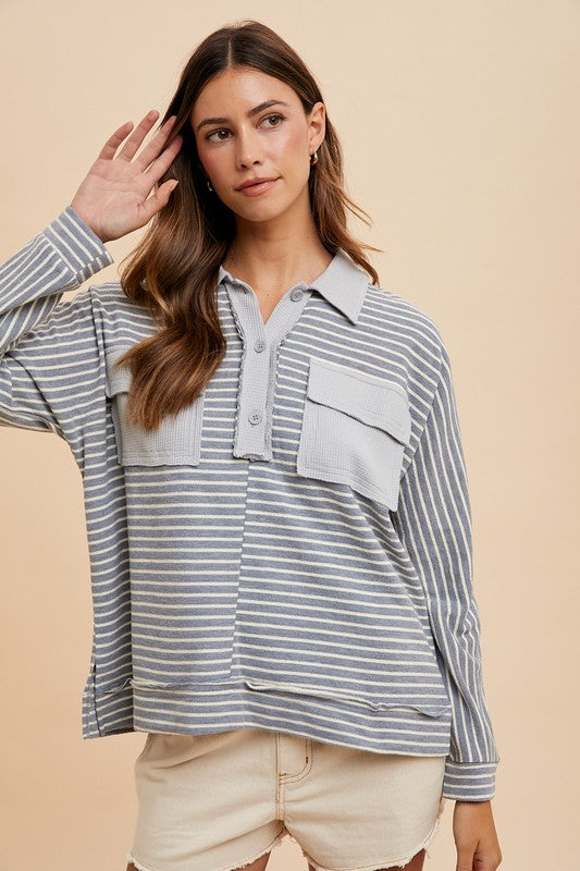 Annie Wear Striped Button Detail Long Sleeve Polo Top-TOPS / DRESSES-[Adult]-[Female]-2022 Online Blue Zone Planet