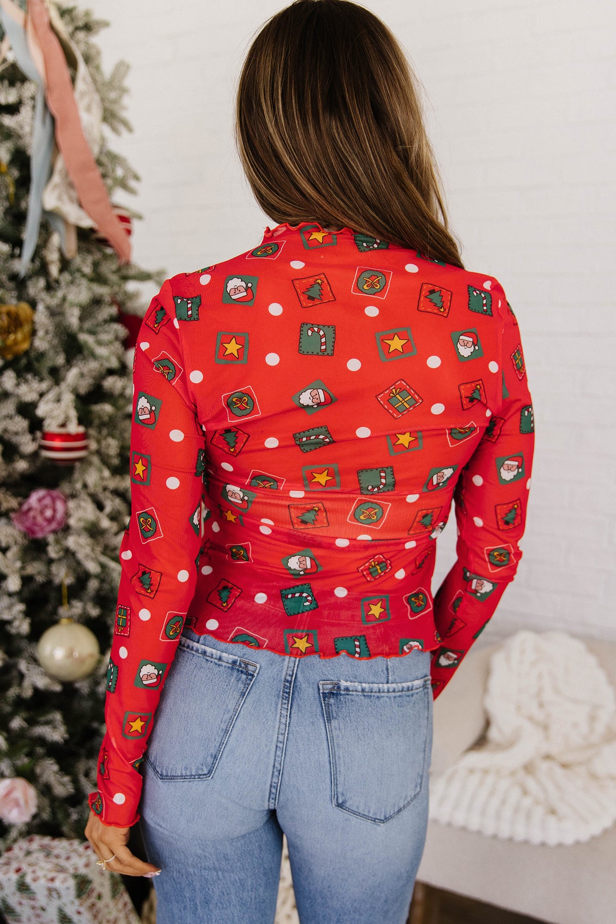 Fiery Red Christmas Elements Printed Long Sleeve Sheer Mesh Top-Tops/Long Sleeve Tops-[Adult]-[Female]-2022 Online Blue Zone Planet