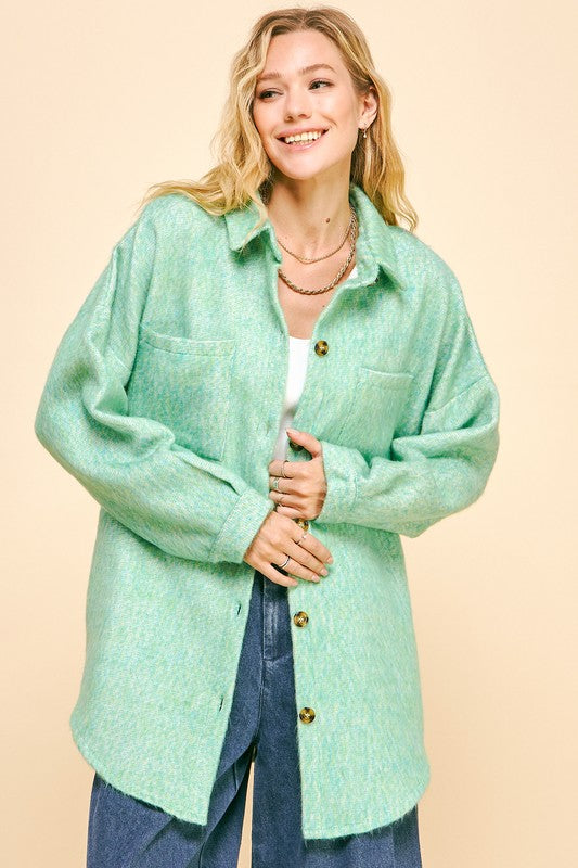 Davi & Dani Curved Hem Heathered Dropped Shoulder Shacket-TOPS / DRESSES-[Adult]-[Female]-MINT GREEN-S-2022 Online Blue Zone Planet