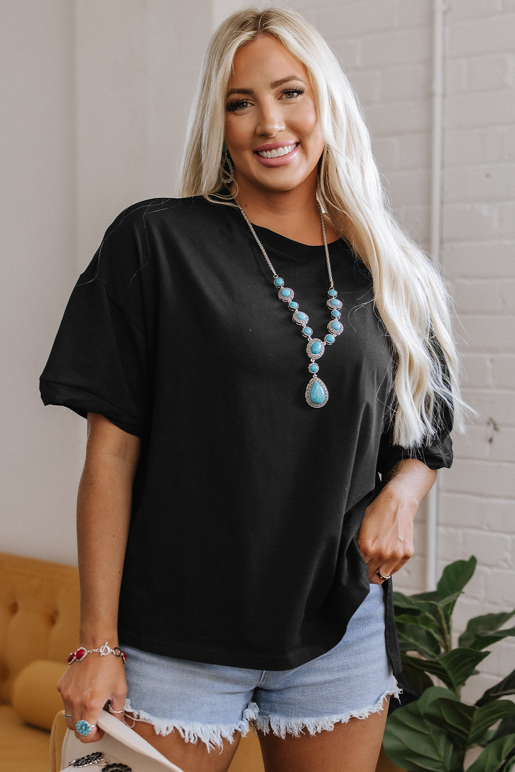 Black Loose Half Sleeve Hi Low Hem T Shirt-Tops/Tops & Tees-[Adult]-[Female]-2022 Online Blue Zone Planet