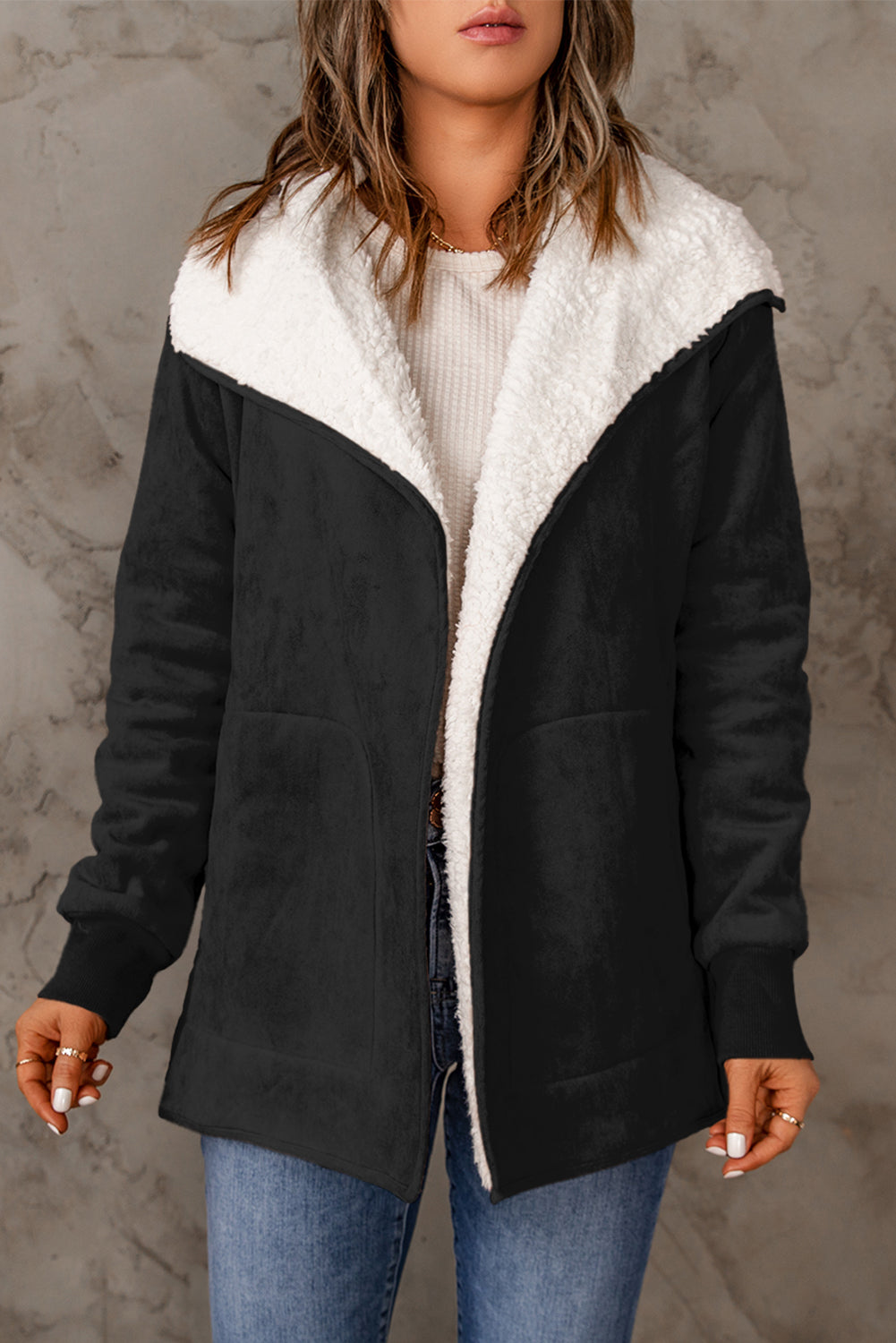 Open Front Long Sleeve Sherpa Jacket-TOPS / DRESSES-[Adult]-[Female]-2022 Online Blue Zone Planet