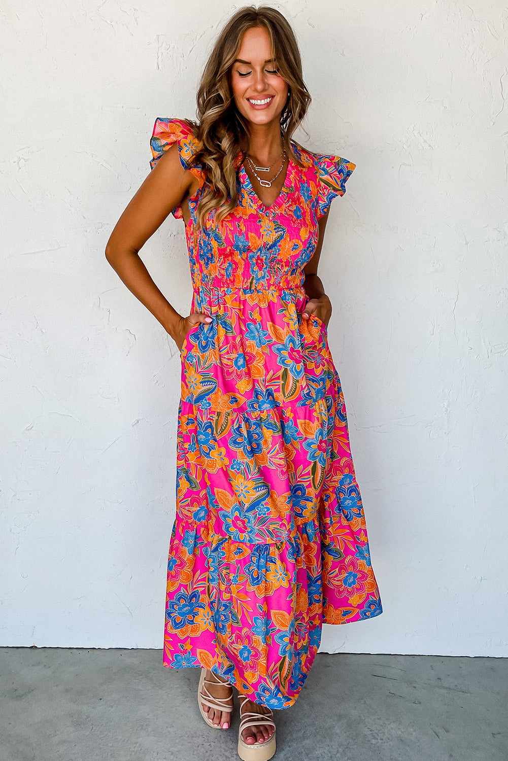Blue Zone Planet |  Rose Red Boho Floral V Neck Ruffle Tiered Long Dress Blue Zone Planet