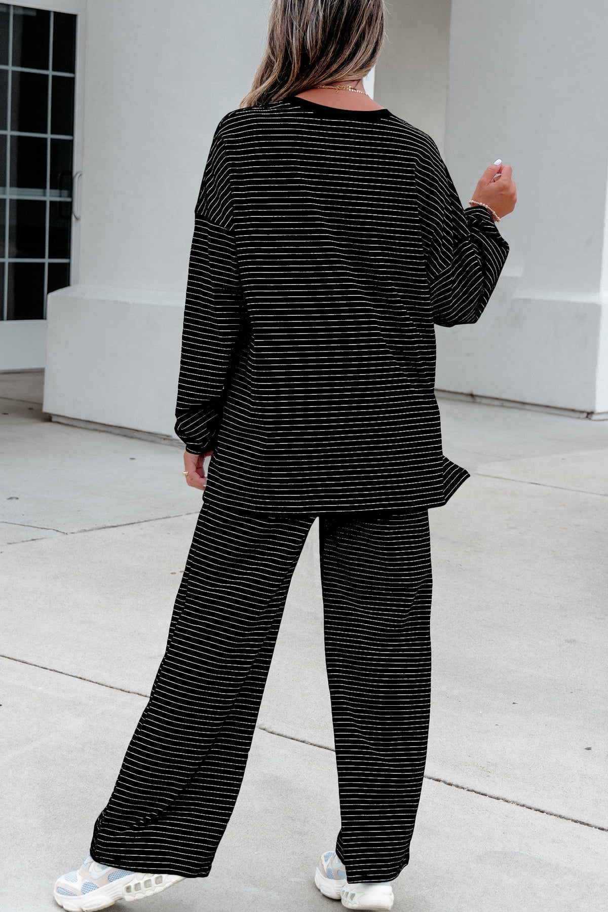 Black Stripe Dropped Shoulder Long Sleeve Top Elastic Waist Pants Casual 2pcs Set-Two Piece Sets/Pant Sets-[Adult]-[Female]-2022 Online Blue Zone Planet
