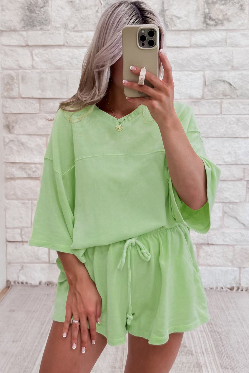 Meadow Mist Green Solid Loose V Neck Half Sleeve Tee and Shorts-Two Piece Sets/Short Sets-[Adult]-[Female]-2022 Online Blue Zone Planet