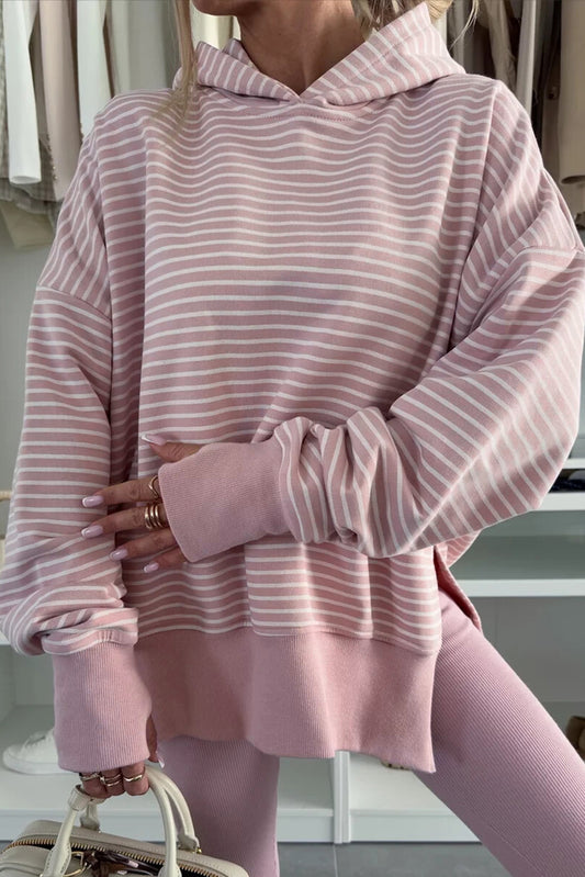Purple Stripe Thumbhole Side Slits Drop Shoulder Loose Fit Hoodie-Tops/Sweatshirts & Hoodies-[Adult]-[Female]-Purple Stripe-S-2022 Online Blue Zone Planet