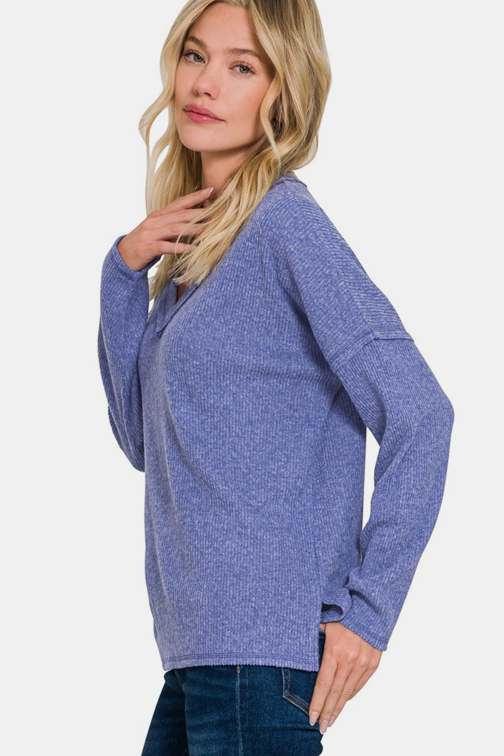 Blue Zone Planet | Zenana Full Size Ribbed V-Neck Drop Shoulder Top-TOPS / DRESSES-[Adult]-[Female]-2022 Online Blue Zone Planet