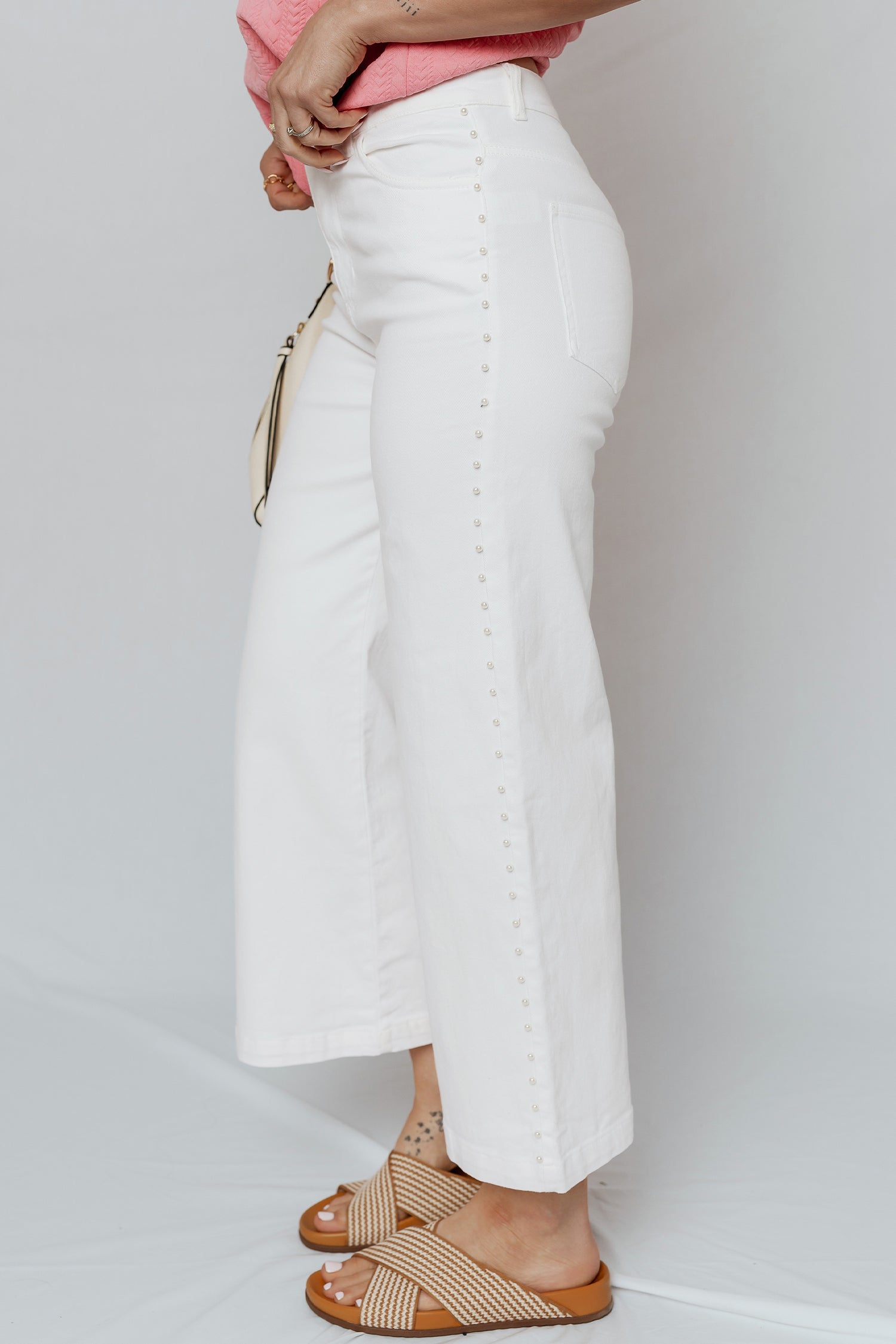 White Pearl Embellished Side Seam Ankle-length Shift Jeans-Bottoms/Jeans-[Adult]-[Female]-2022 Online Blue Zone Planet