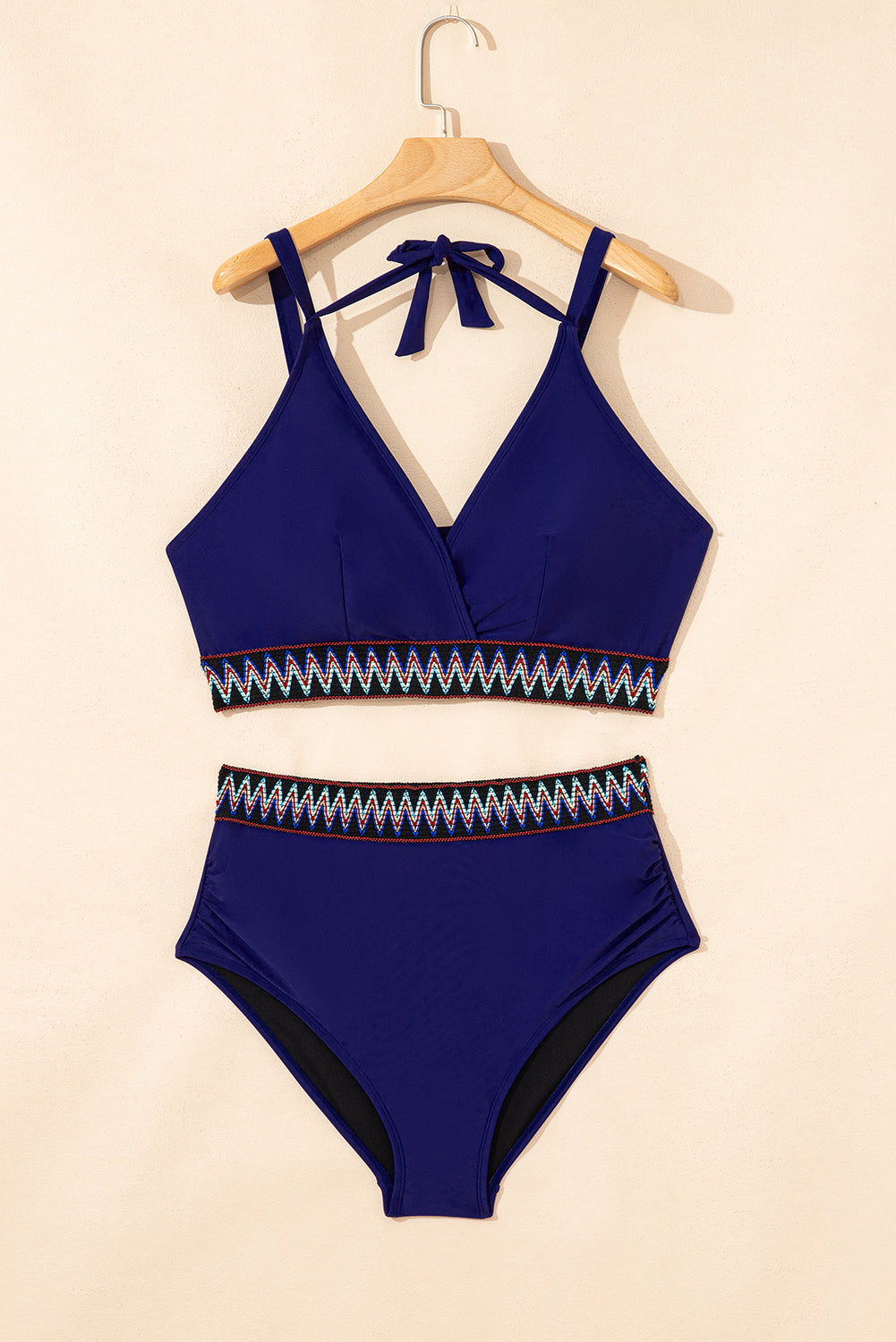 Navy Blue Embroidered Trim Wrap Tie Knot Plus Size High Waisted Bikini-Plus Size/Plus Size Swimwear-[Adult]-[Female]-2022 Online Blue Zone Planet