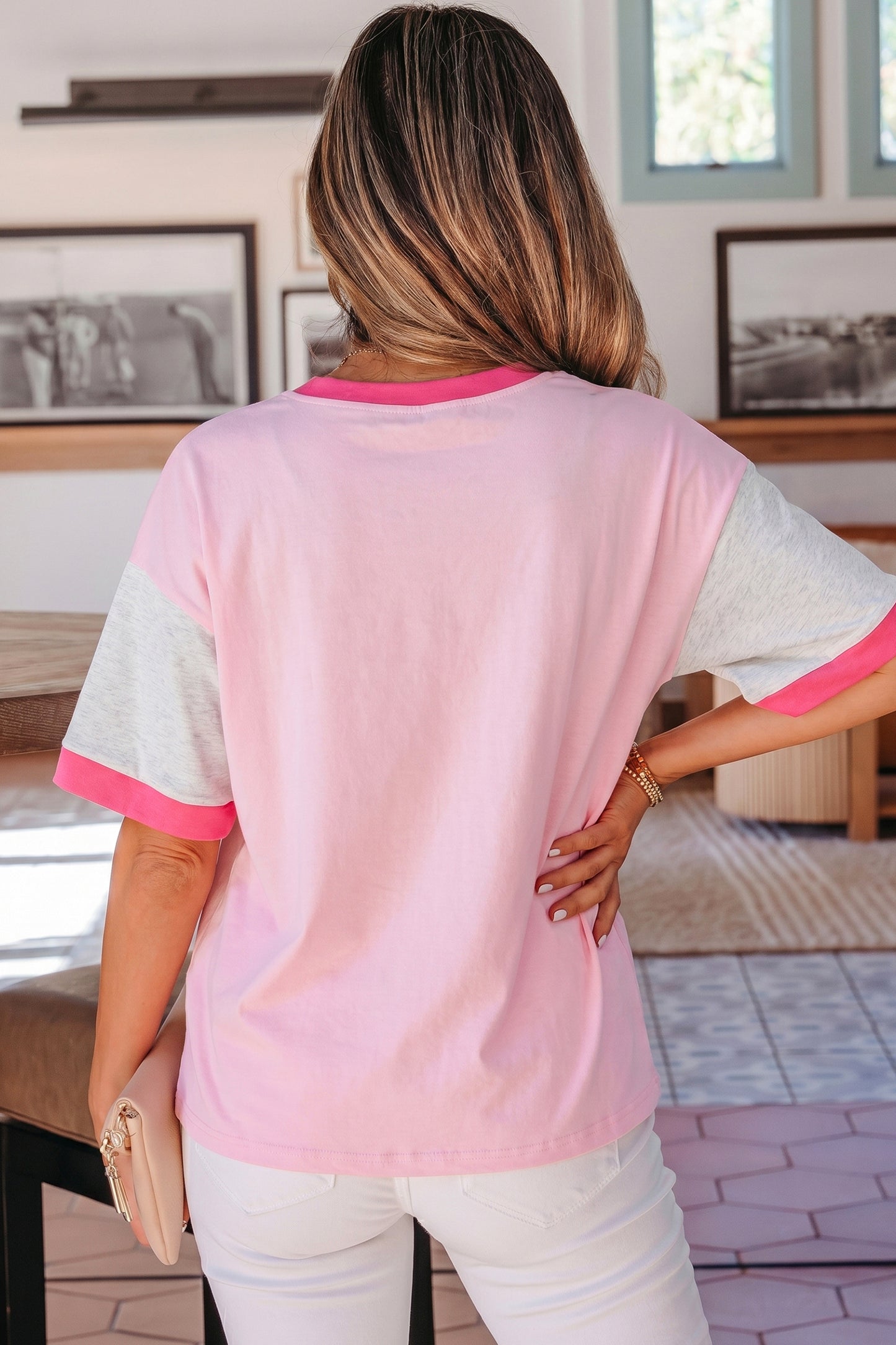 Gossamer Pink Embroidered Bow Detail Color Block Loose Tee-Tops/Tops & Tees-[Adult]-[Female]-2022 Online Blue Zone Planet