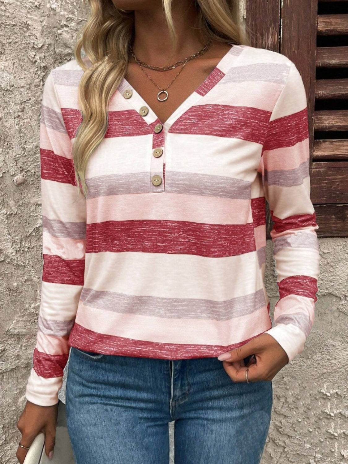 Contrast Striped V-Neck Long Sleeve T-Shirt-TOPS / DRESSES-[Adult]-[Female]-Blush Pink-S-2022 Online Blue Zone Planet