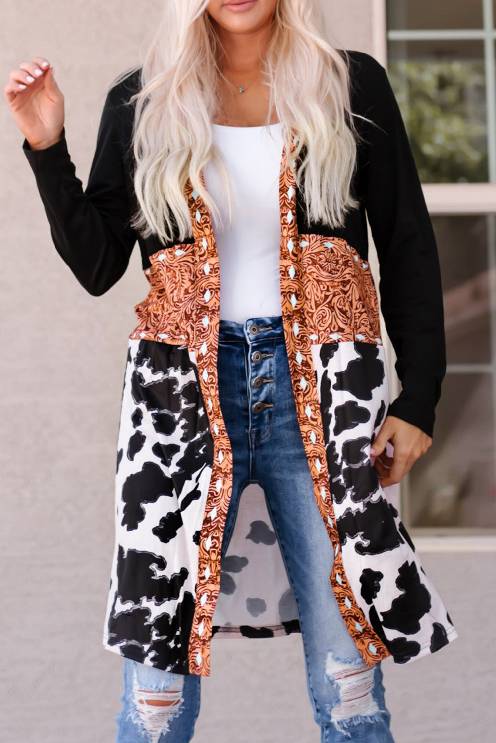 Black Western Pattern Cow Patchwork Open Front Cardigan-Sweaters & Cardigans/Cardigans-[Adult]-[Female]-Black-S-2022 Online Blue Zone Planet