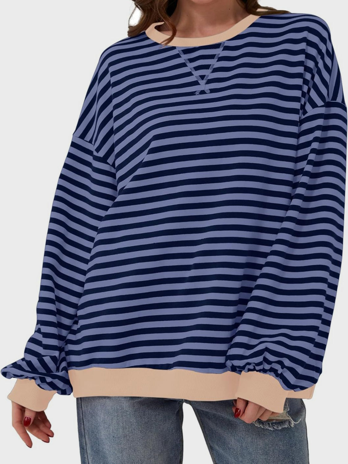 Blue Zone Planet | Lovelet Contrast Striped Long Sleeve Sweatshirt-TOPS / DRESSES-[Adult]-[Female]-Navy-S-2022 Online Blue Zone Planet