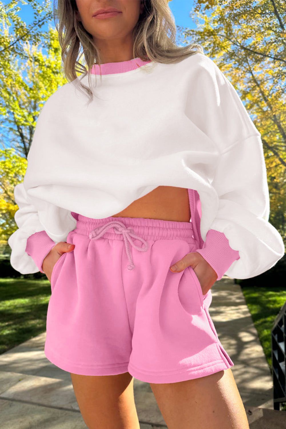 Strawberry Pink Color Block Pullover and Lace-up Elastic Waist Shorts Set-Two Piece Sets/Short Sets-[Adult]-[Female]-Strawberry Pink-S-2022 Online Blue Zone Planet