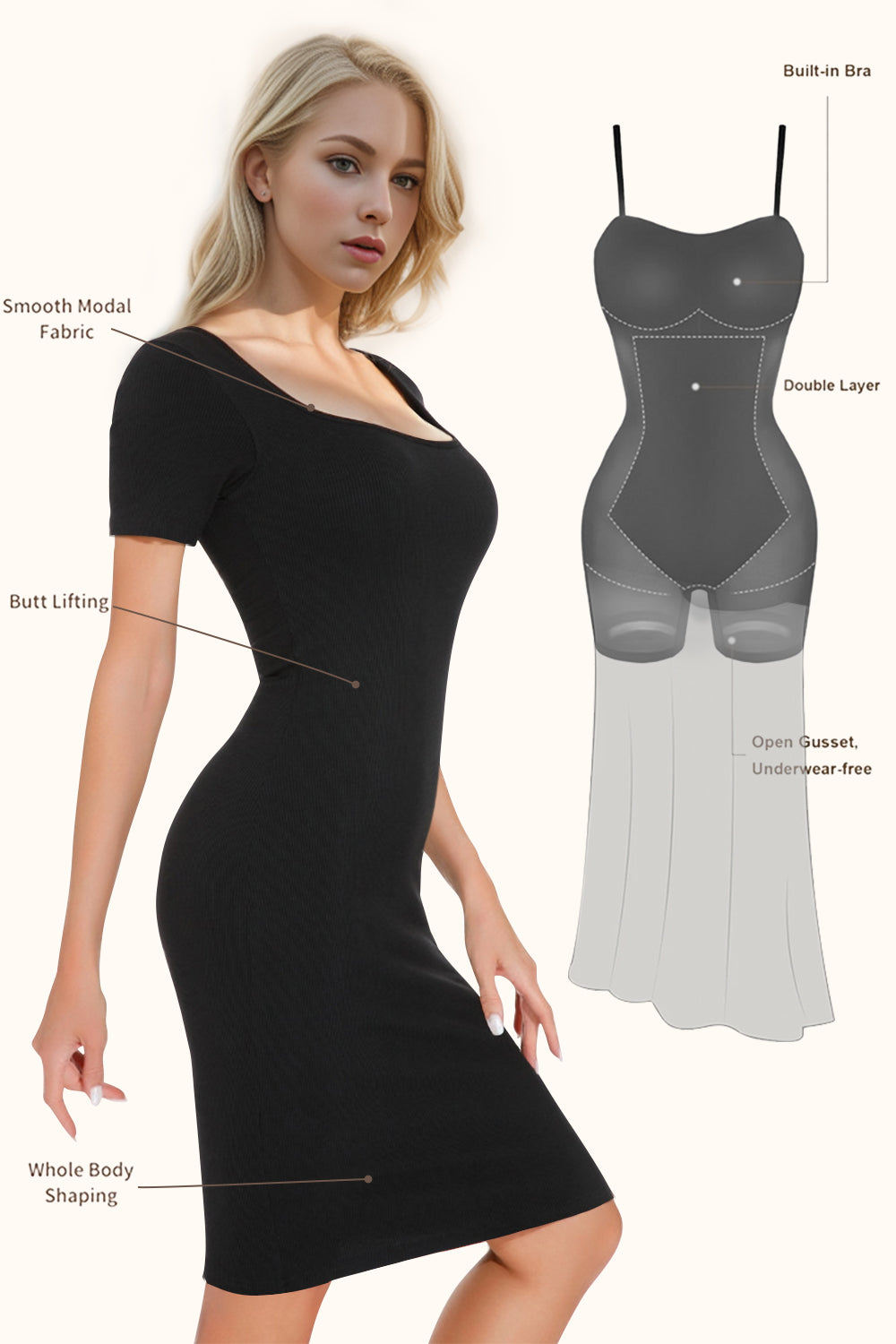 Basic Bae Full Size Built-In Shapewear Square Neck Short Sleeve Dress-TOPS / DRESSES-[Adult]-[Female]-Black-S-2022 Online Blue Zone Planet