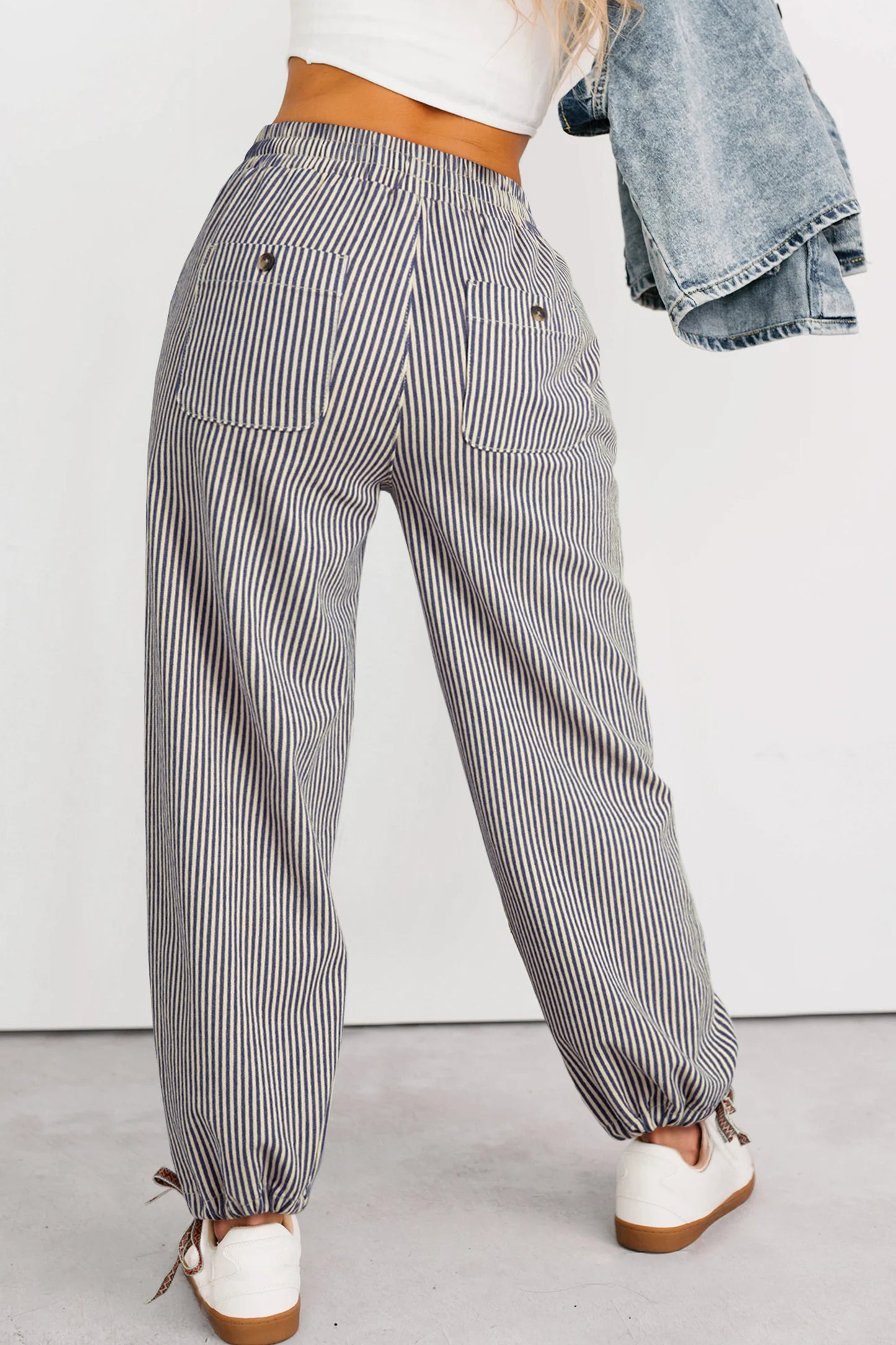 Khaki Stripe Button Patch Pocket Drawstring Elastic Waist Loose Pants-Bottoms/Pants & Culotte-[Adult]-[Female]-2022 Online Blue Zone Planet