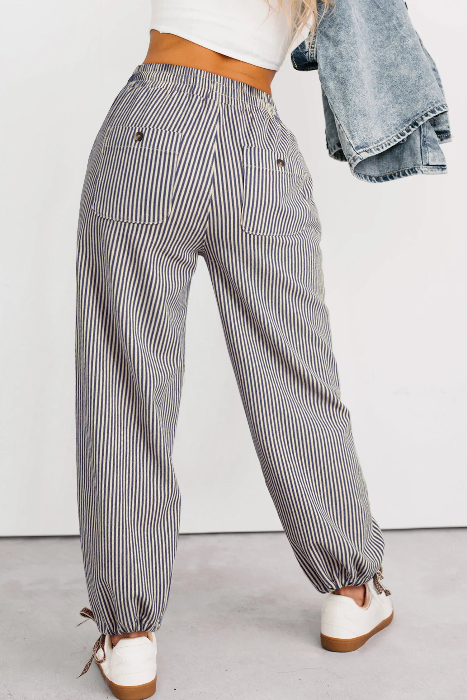 Khaki Stripe Button Patch Pocket Drawstring Elastic Waist Loose Pants-Bottoms/Pants & Culotte-[Adult]-[Female]-2022 Online Blue Zone Planet