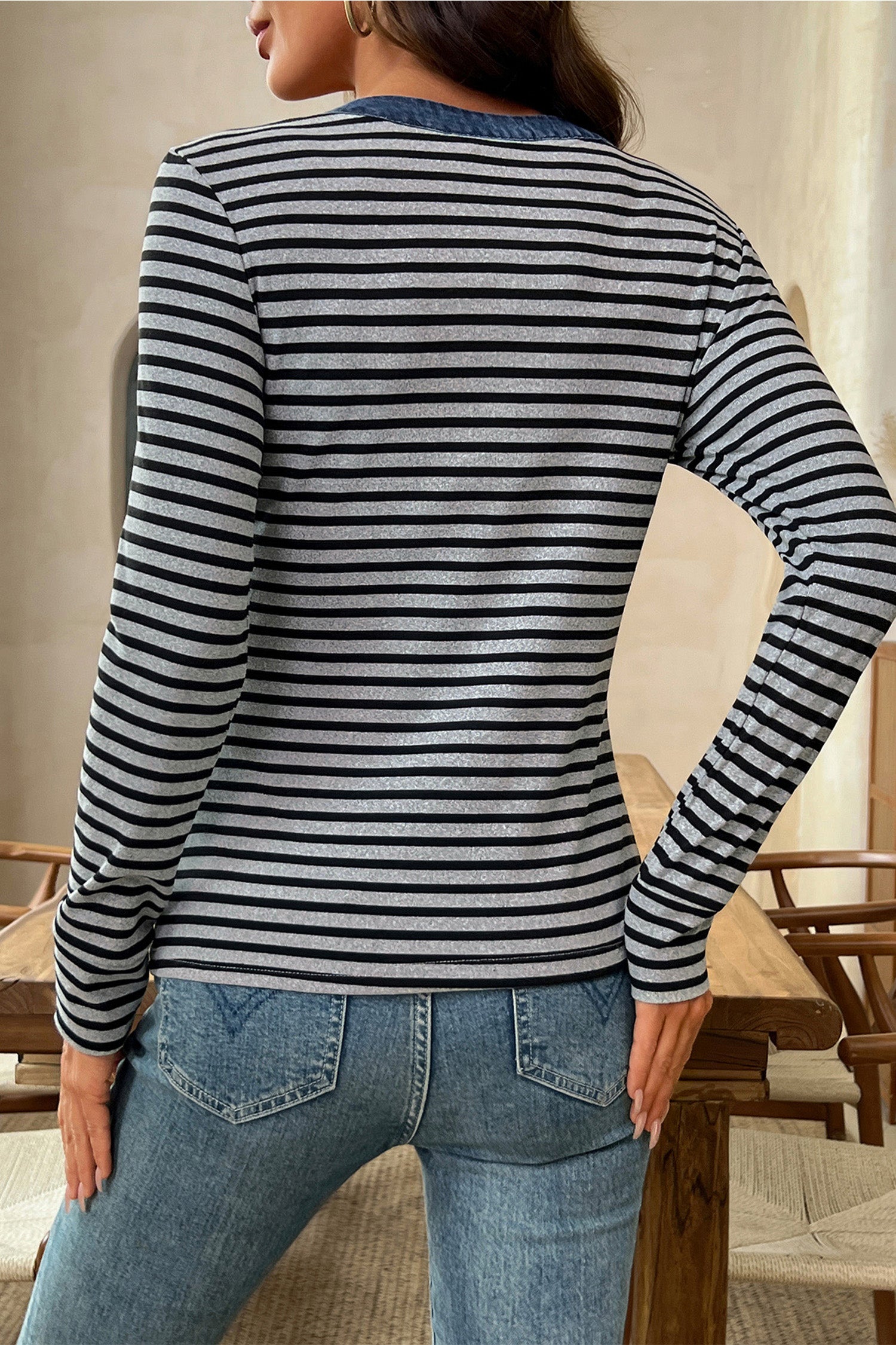 Gray Stripe Denim Contrast Collar Half Button Long Sleeve Top-Tops/Long Sleeve Tops-[Adult]-[Female]-2022 Online Blue Zone Planet