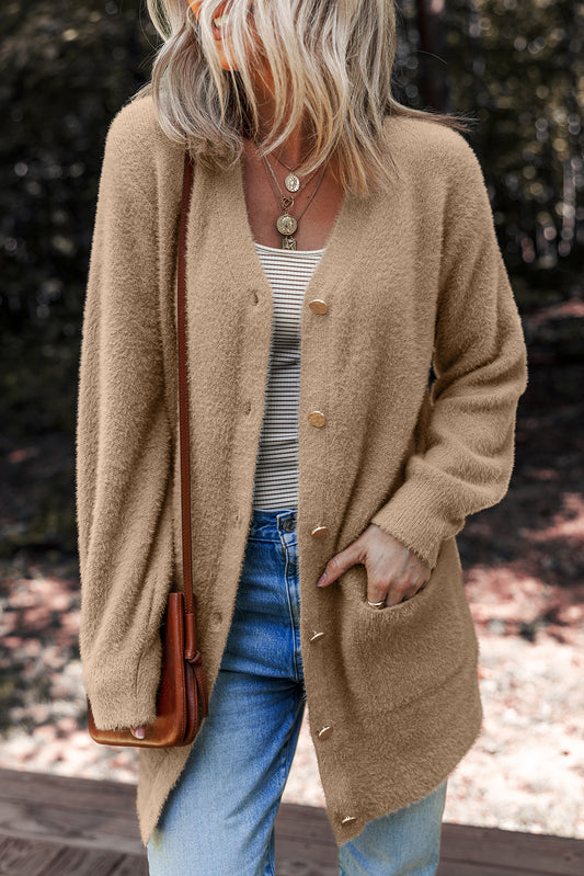Smoke Gray Fuzzy Buttoned Front Midi Solid Cardigan-Sweaters & Cardigans/Cardigans-[Adult]-[Female]-Smoke Gray-S-2022 Online Blue Zone Planet
