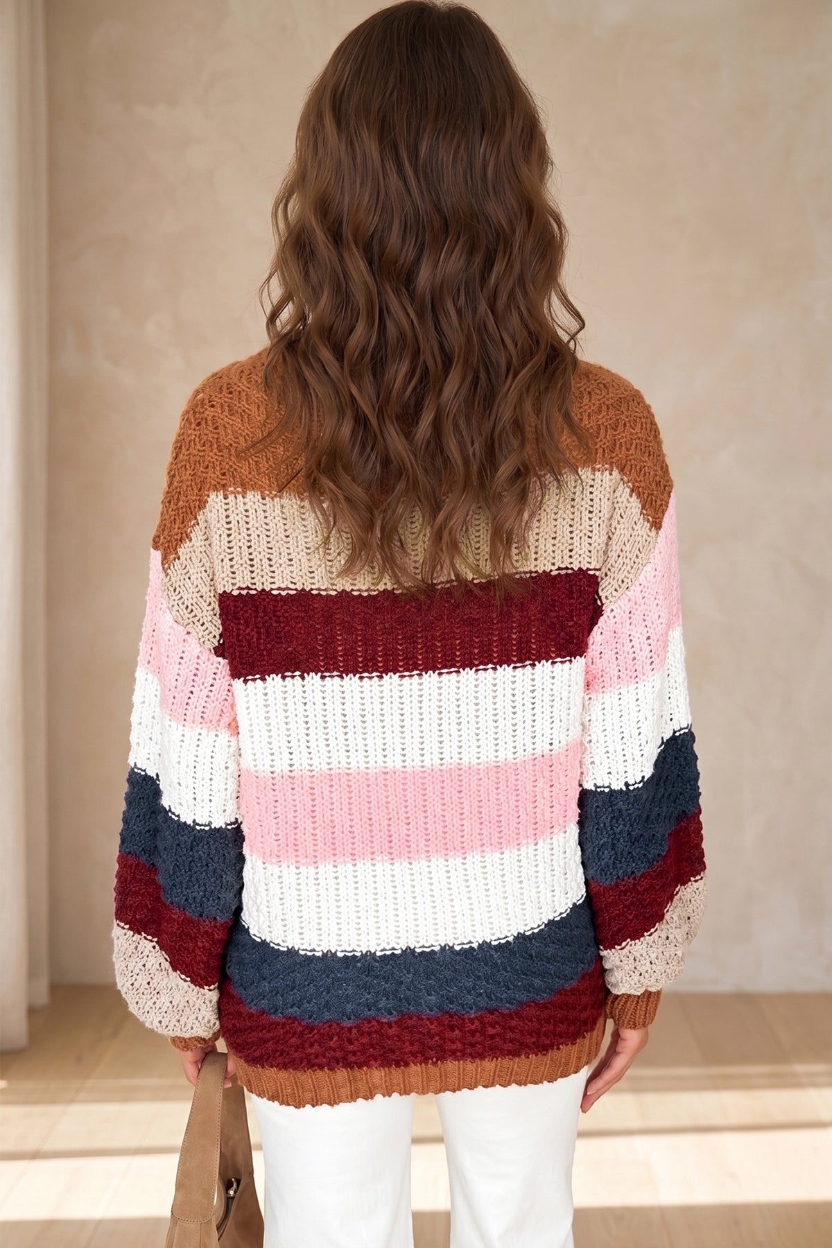 Multicolour Striped Knit Dropped Shoulder Round Neck Pullover Sweater-Sweaters & Cardigans/Sweaters-[Adult]-[Female]-2022 Online Blue Zone Planet