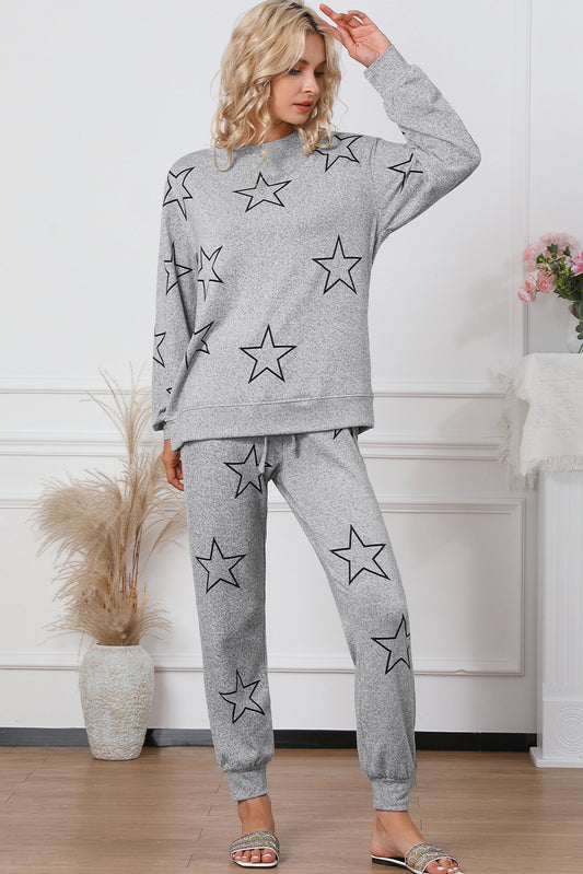 Gray Stars Print Long Sleeve Drawstring High Waist Lounge Set-Loungewear & Sleepwear/Loungewear-[Adult]-[Female]-Gray-S-2022 Online Blue Zone Planet