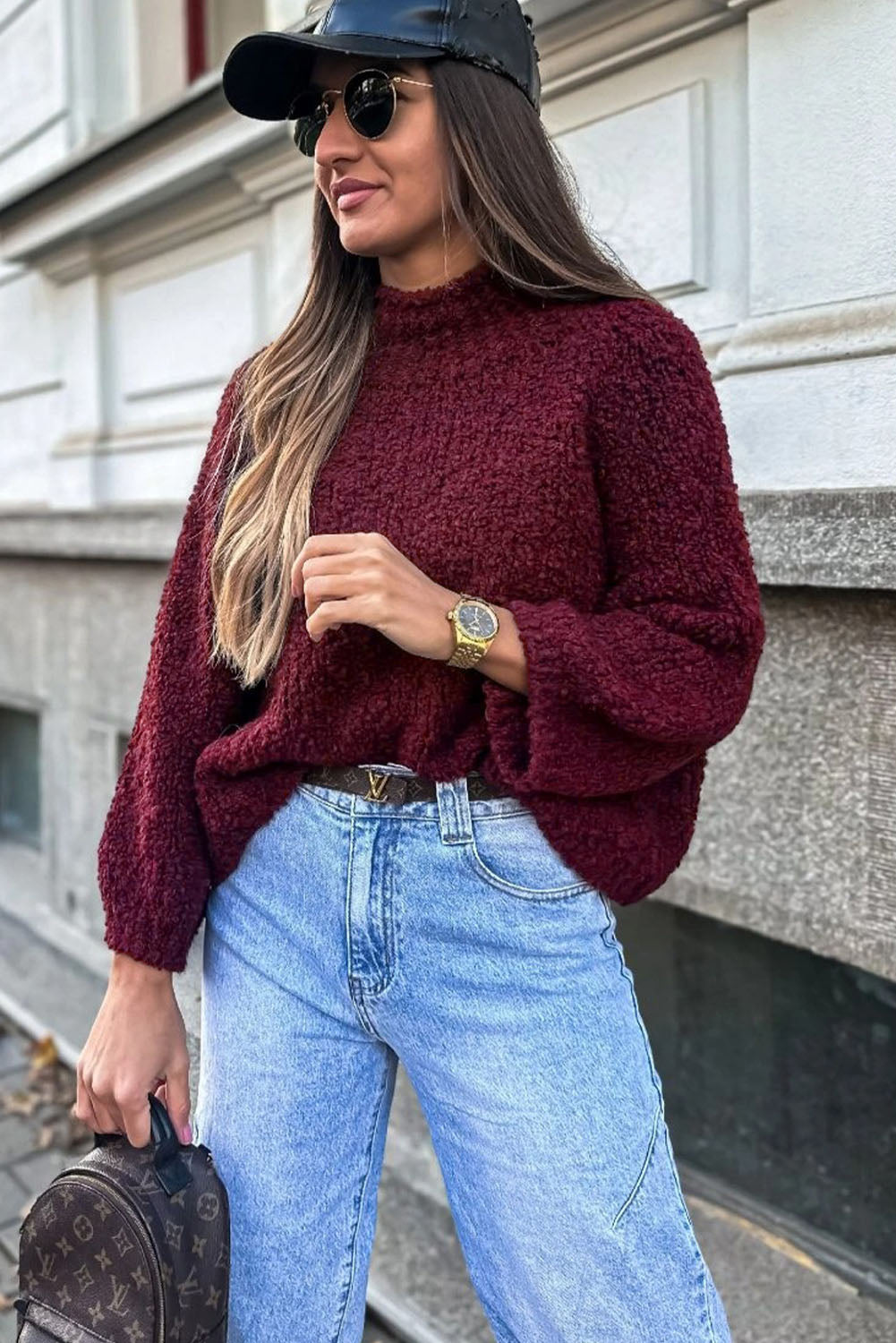 Burgundy Popcorn Mock Neck Solid Sweater-Sweaters & Cardigans/Sweaters-[Adult]-[Female]-2022 Online Blue Zone Planet