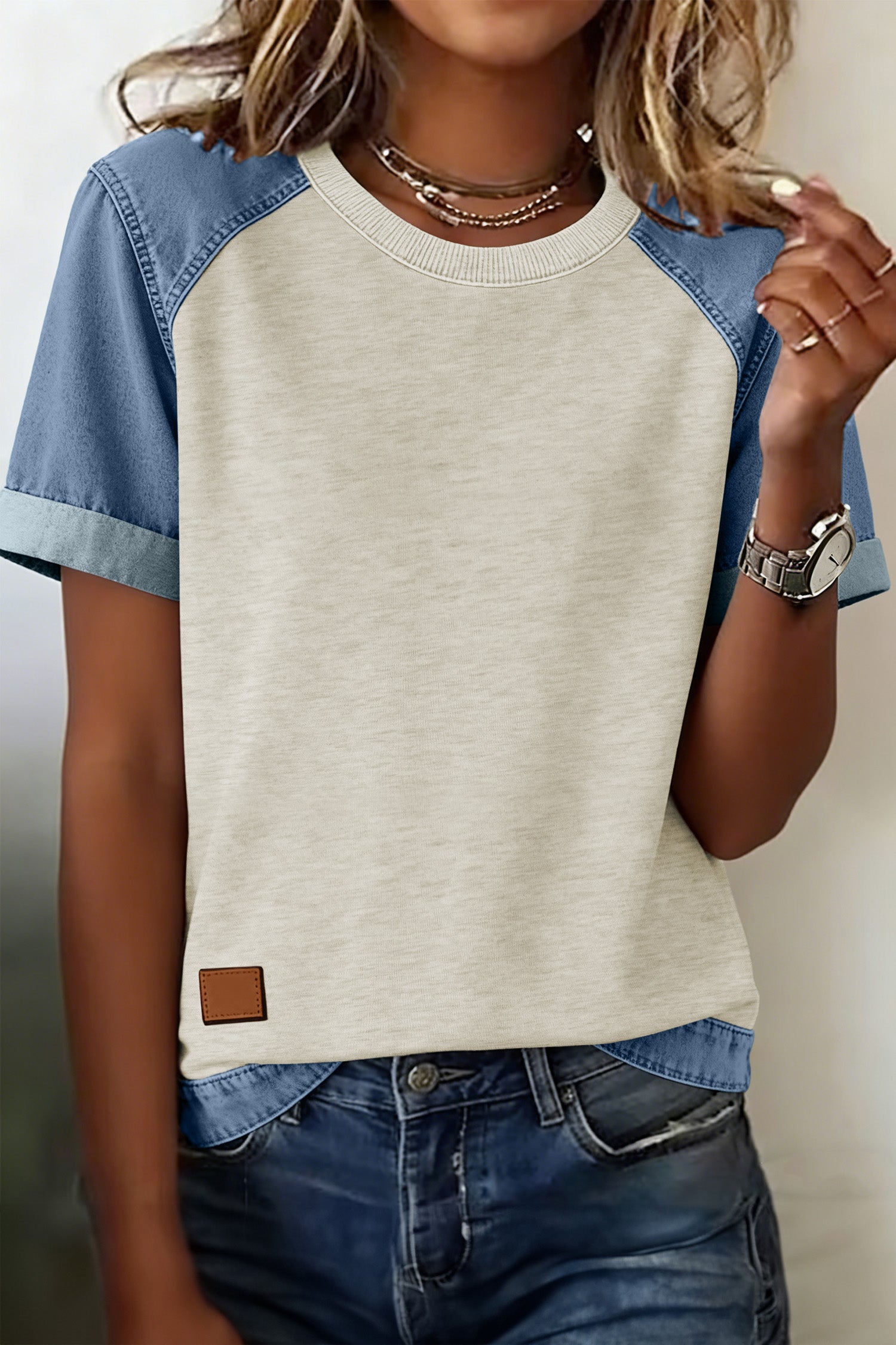 Beige Denim Color Block Patchwork Round Neck Tee-Tops/Tops & Tees-[Adult]-[Female]-2022 Online Blue Zone Planet