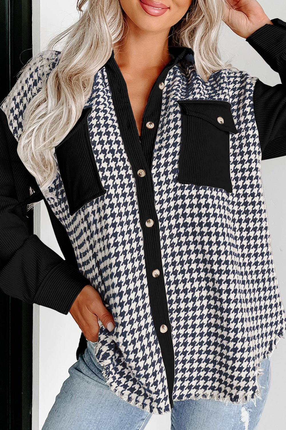 Blue Zone Planet | Black Houndstooth Corduroy Patchwork Flap Pocket Shacket-Outerwear/Jackets-[Adult]-[Female]-Black-S-2022 Online Blue Zone Planet