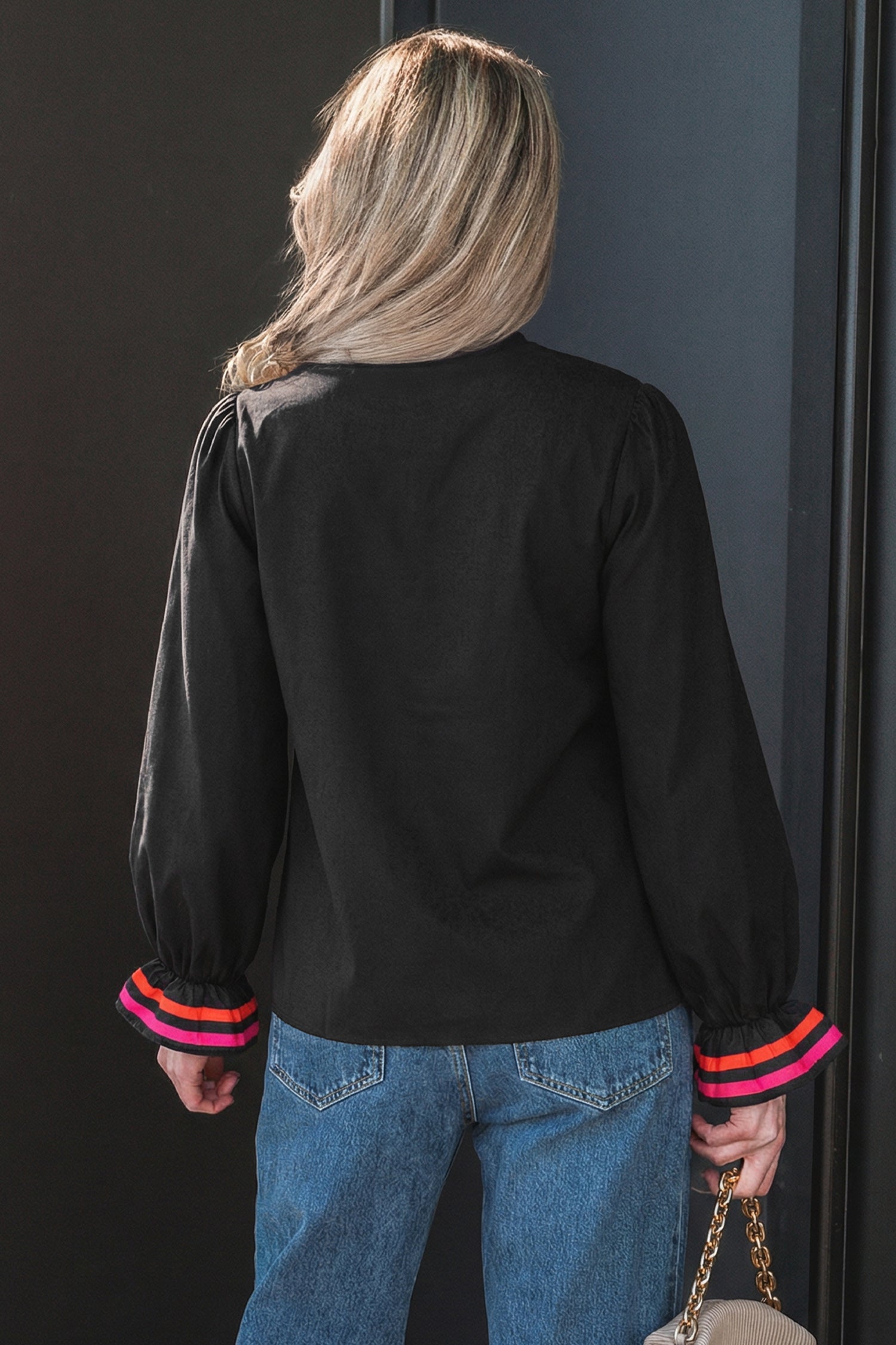 Black Striped Trim Ruffle Split Neck Long Sleeve Blouse-Tops/Blouses & Shirts-[Adult]-[Female]-2022 Online Blue Zone Planet
