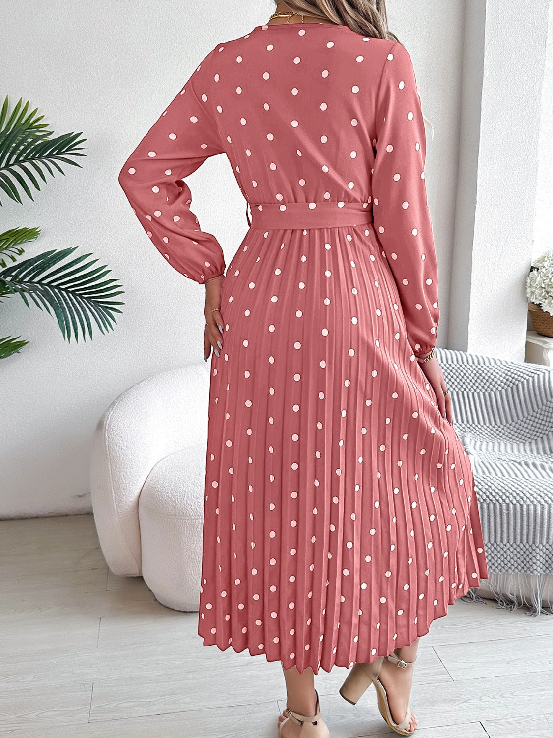 Blue Zone Planet | Tied Polka Dot Long Sleeve Midi Dress-TOPS / DRESSES-[Adult]-[Female]-2022 Online Blue Zone Planet