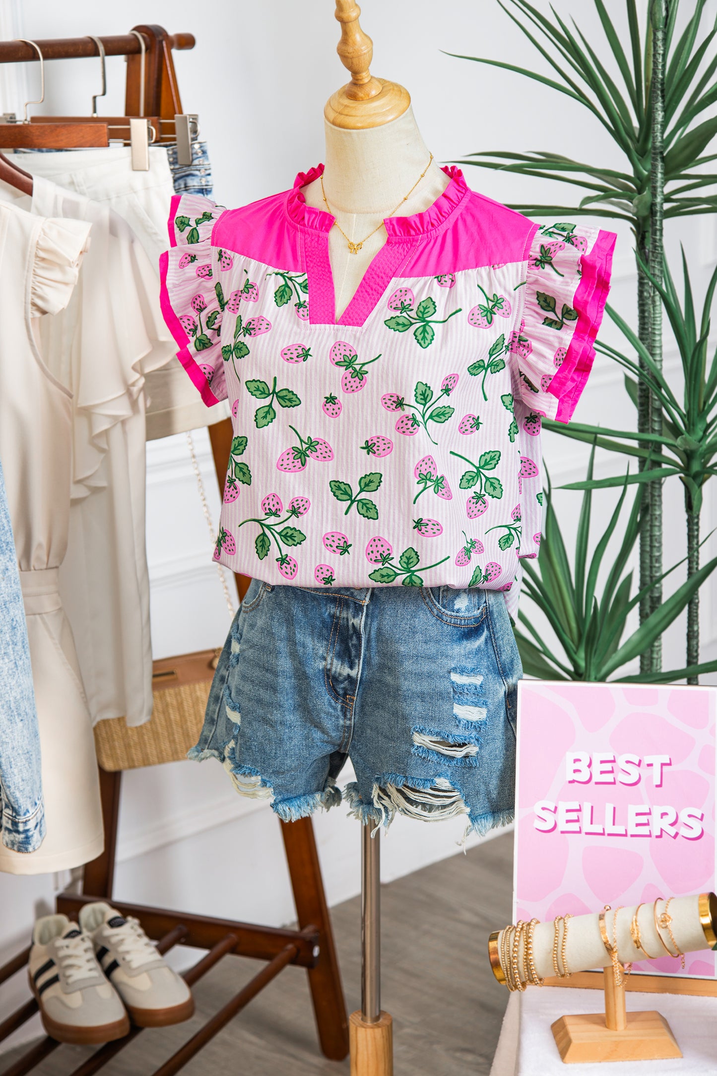 Pink Striped Strawberry Printed Color Block Patchwork V Neck Flutter Sleeve Blouse-Tops/Blouses & Shirts-[Adult]-[Female]-2022 Online Blue Zone Planet