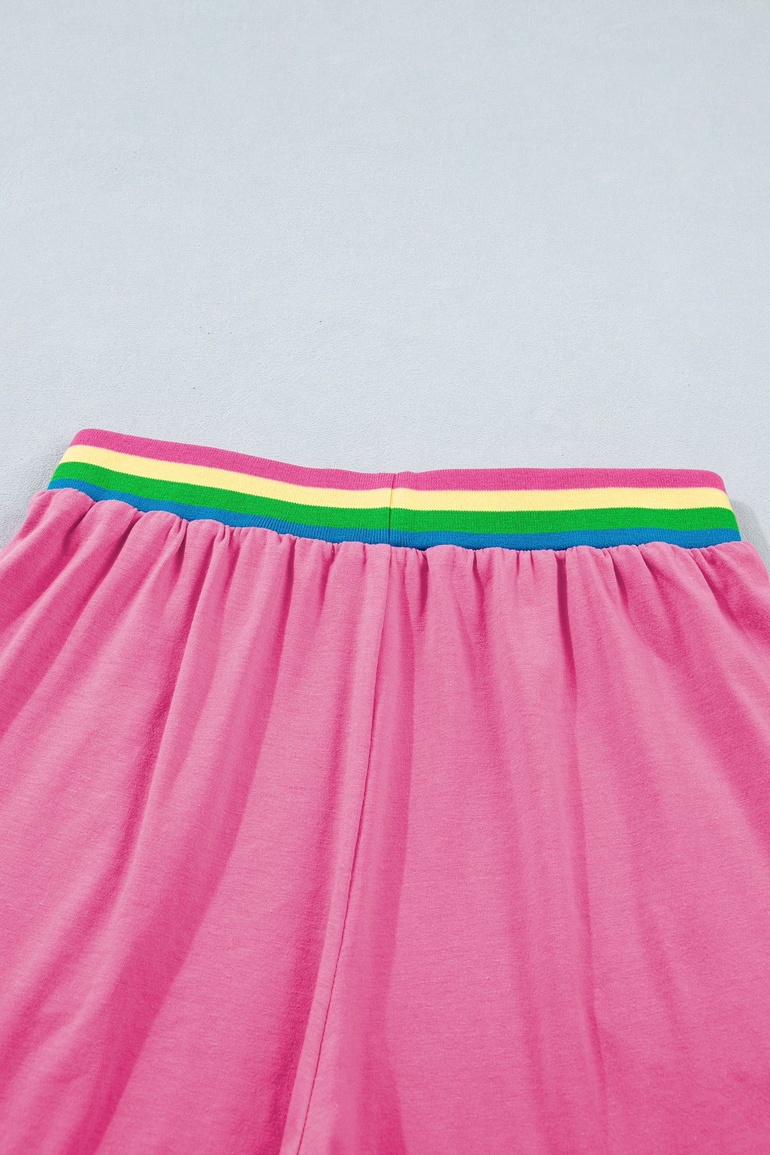 Bright Pink Seam Detail Raw Edge Tee Rainbow Waistband Casual Short Set-Two Piece Sets/Short Sets-[Adult]-[Female]-2022 Online Blue Zone Planet