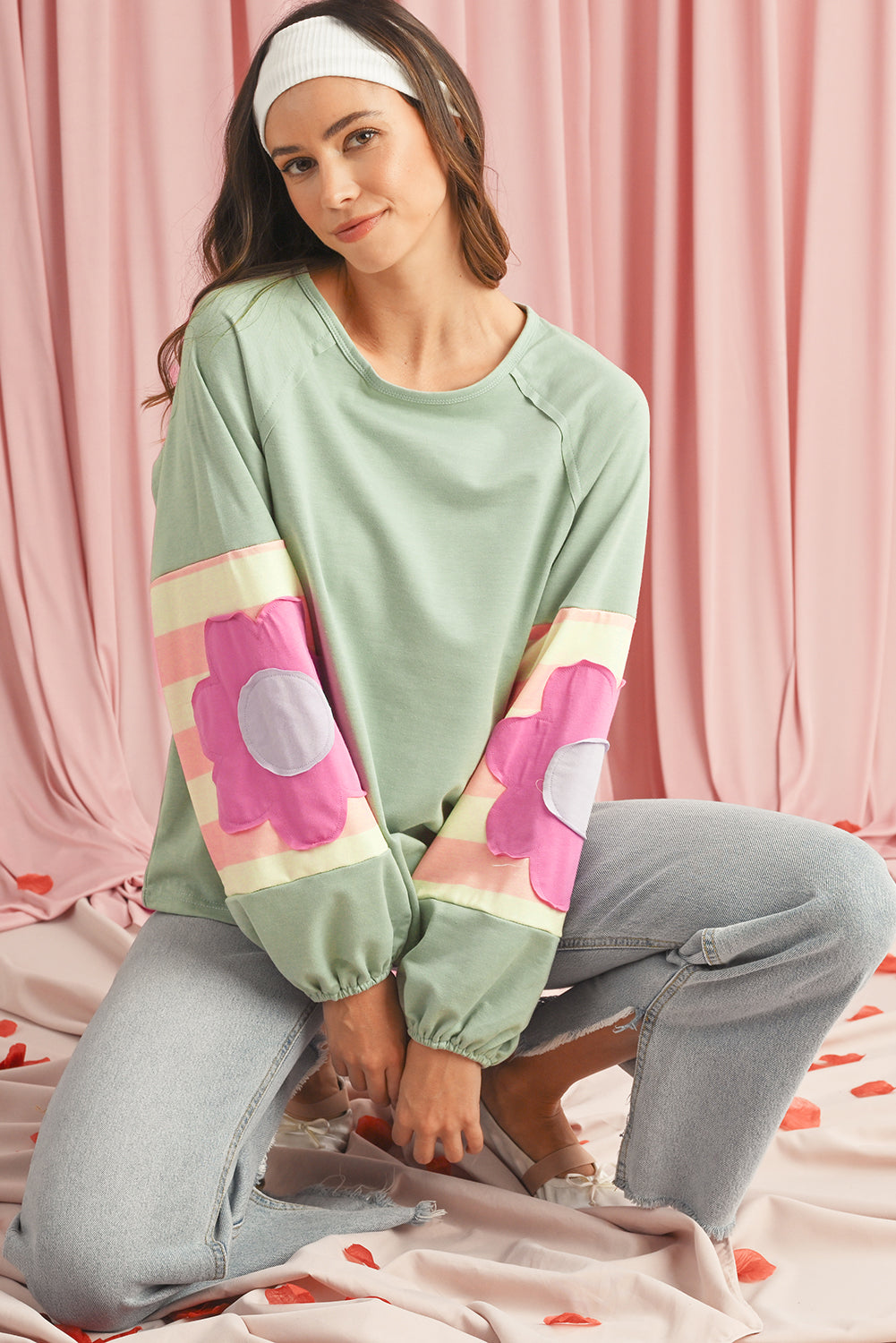 Blue Zone Planet | Smoke Green Flower Patchwork Exposed Seam Raglan Sleeve Top-Long Sleeve Tops-[Adult]-[Female]-2022 Online Blue Zone Planet