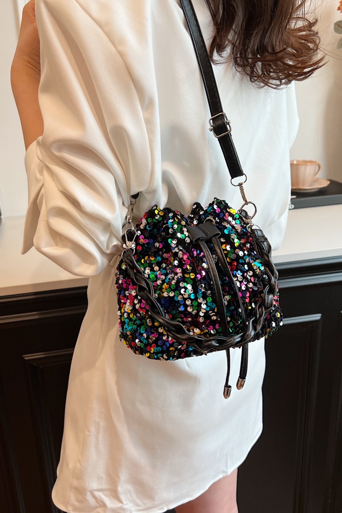 Sequin Drawstring Bucket Bag-HANDBAGS-[Adult]-[Female]-2022 Online Blue Zone Planet