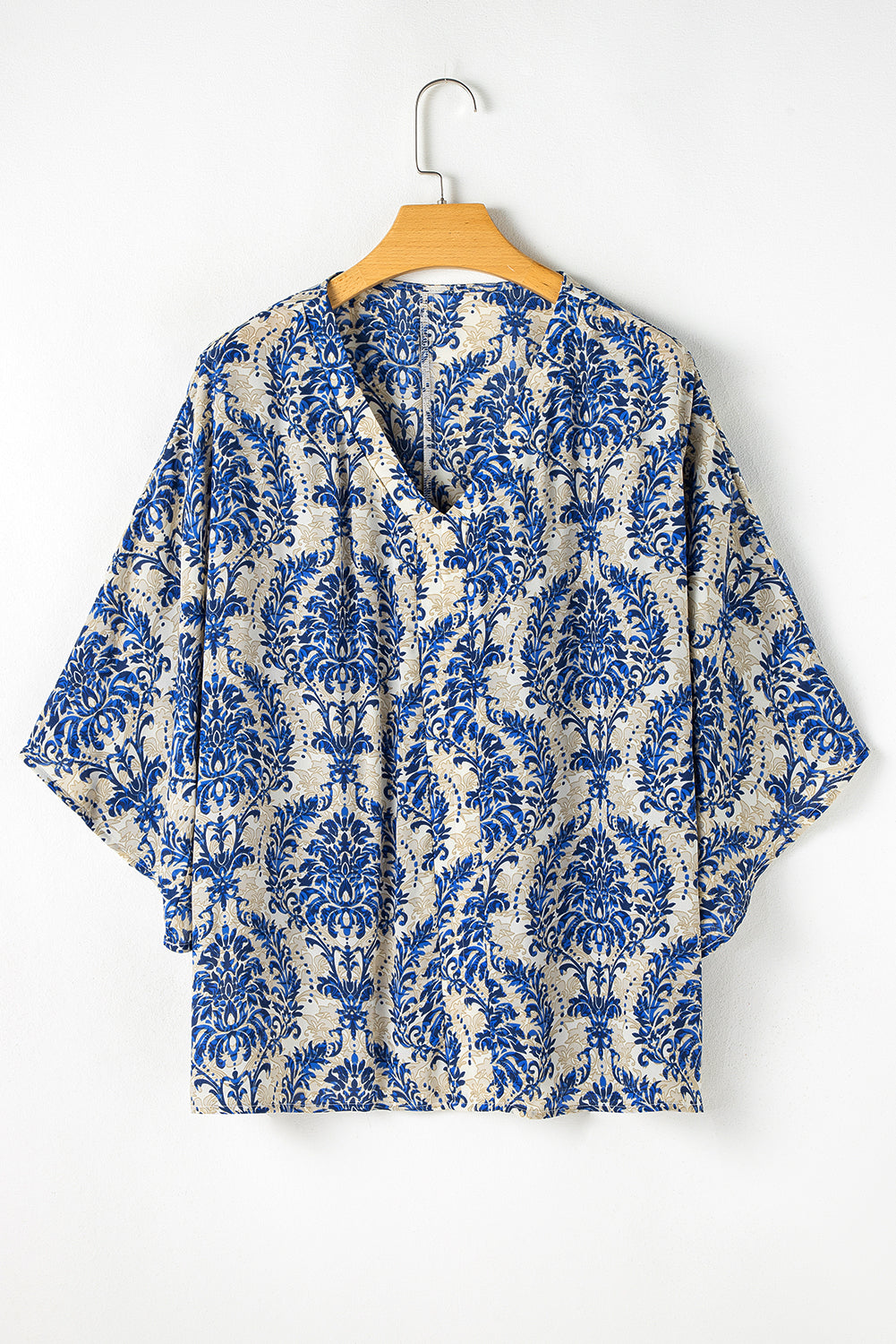 Blue Zone Planet | Blue Plus Size Ethnic Printed 3/4 Sleeve V Neck Loose Blouse-Plus Size/Plus Size Tops/Plus Size Blouses & Shirts-[Adult]-[Female]-2022 Online Blue Zone Planet