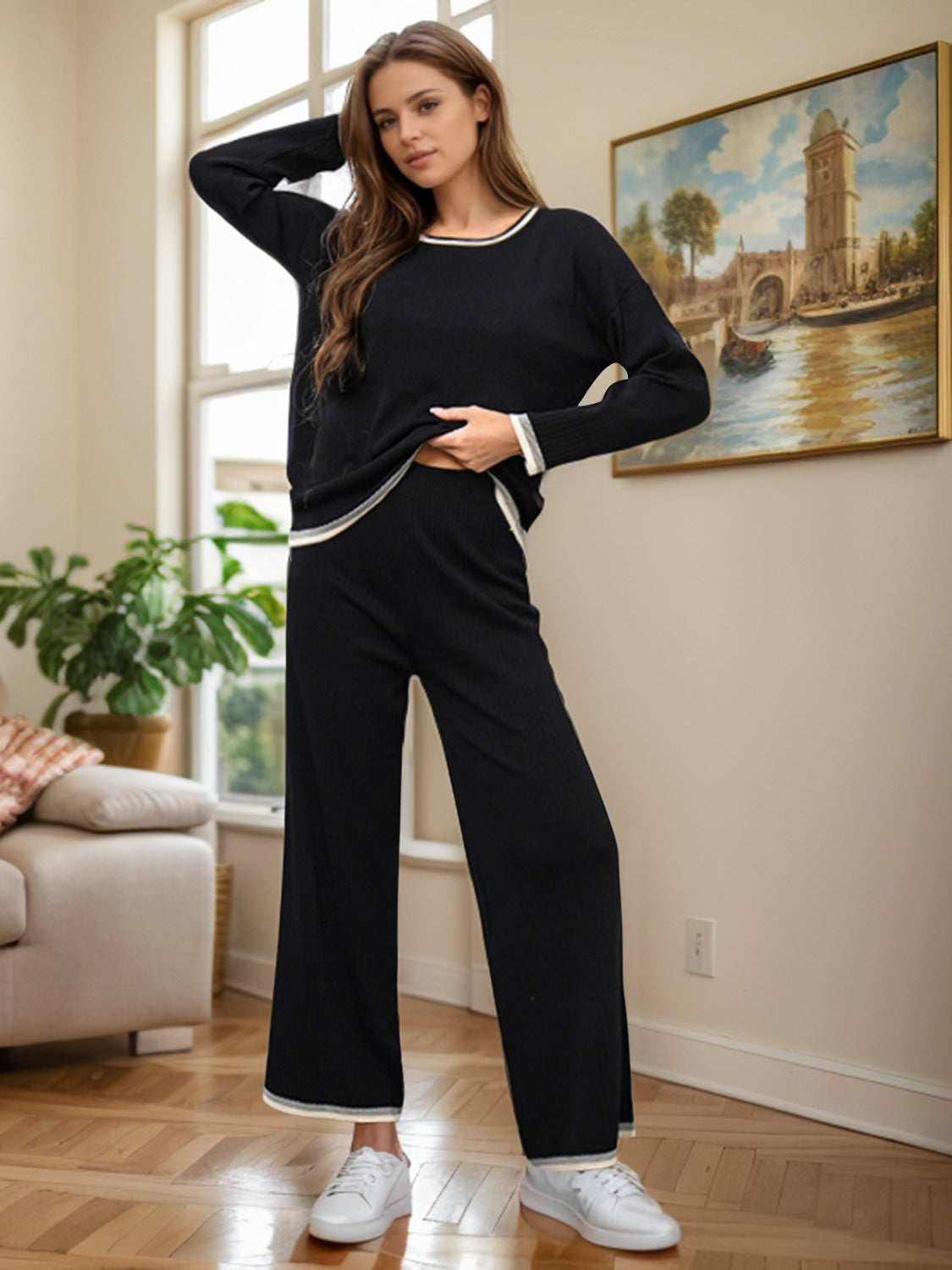 Blue Zone Planet | Contrast Trim Round Neck Top and Pants Sweater Set-TOPS / DRESSES-[Adult]-[Female]-Black-One Size-2022 Online Blue Zone Planet