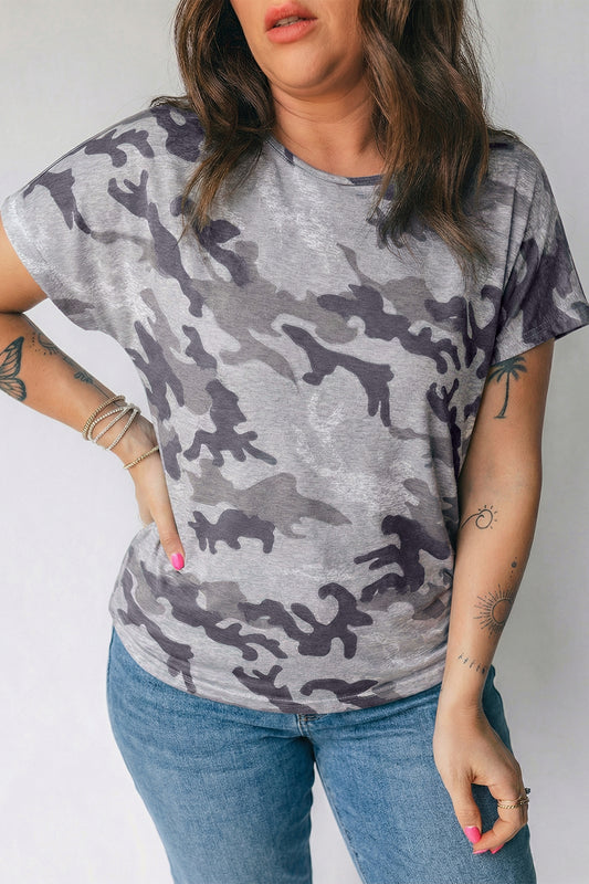 Gray Plus Size Camo Print Casual T Shirt-Plus Size/Plus Size Tops/Plus Size Tops & Tees-[Adult]-[Female]-Gray-1X-2022 Online Blue Zone Planet