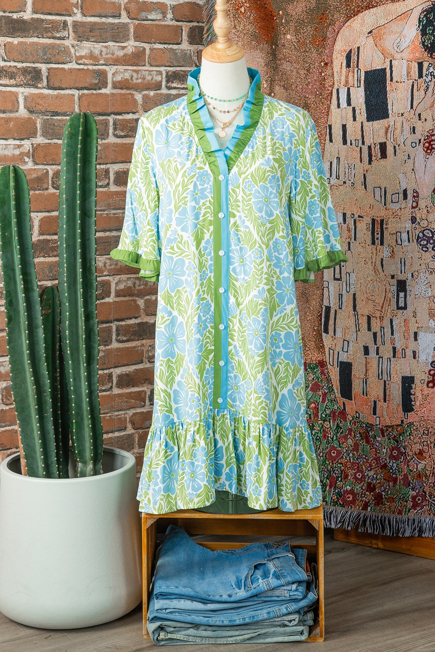 Sky Blue Botanical Floral Print Frilled Trim V Neck Button Front Loose Dress-TOPS / DRESSES-[Adult]-[Female]-2022 Online Blue Zone Planet