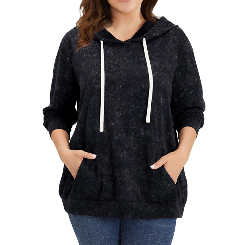 Plus Size Long-sleeved Pullover Hoodie with Pockets and Drawstring-Tops / Dresses-[Adult]-[Female]-Black-2XL-2022 Online Blue Zone Planet